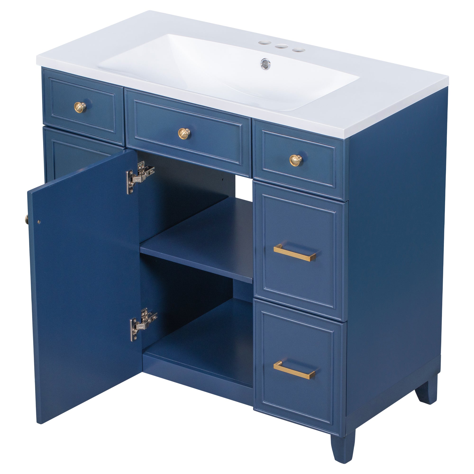 36 inch Freestanding Bath Vanity in Navy Blue with White Resin Top
