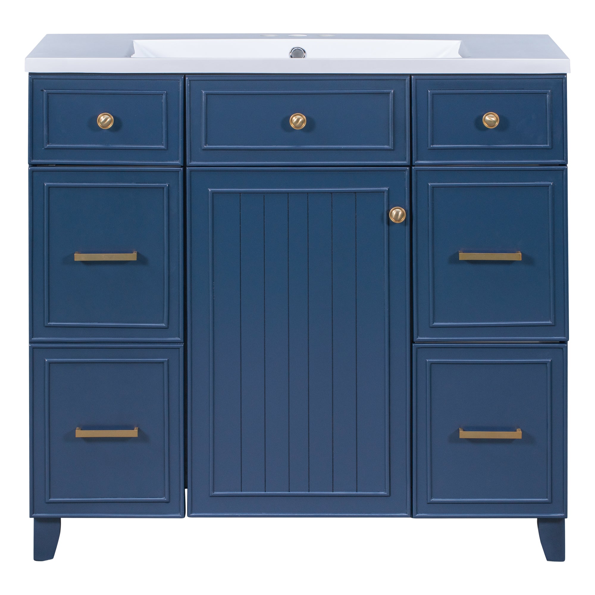 36 inch Freestanding Bath Vanity in Navy Blue with White Resin Top