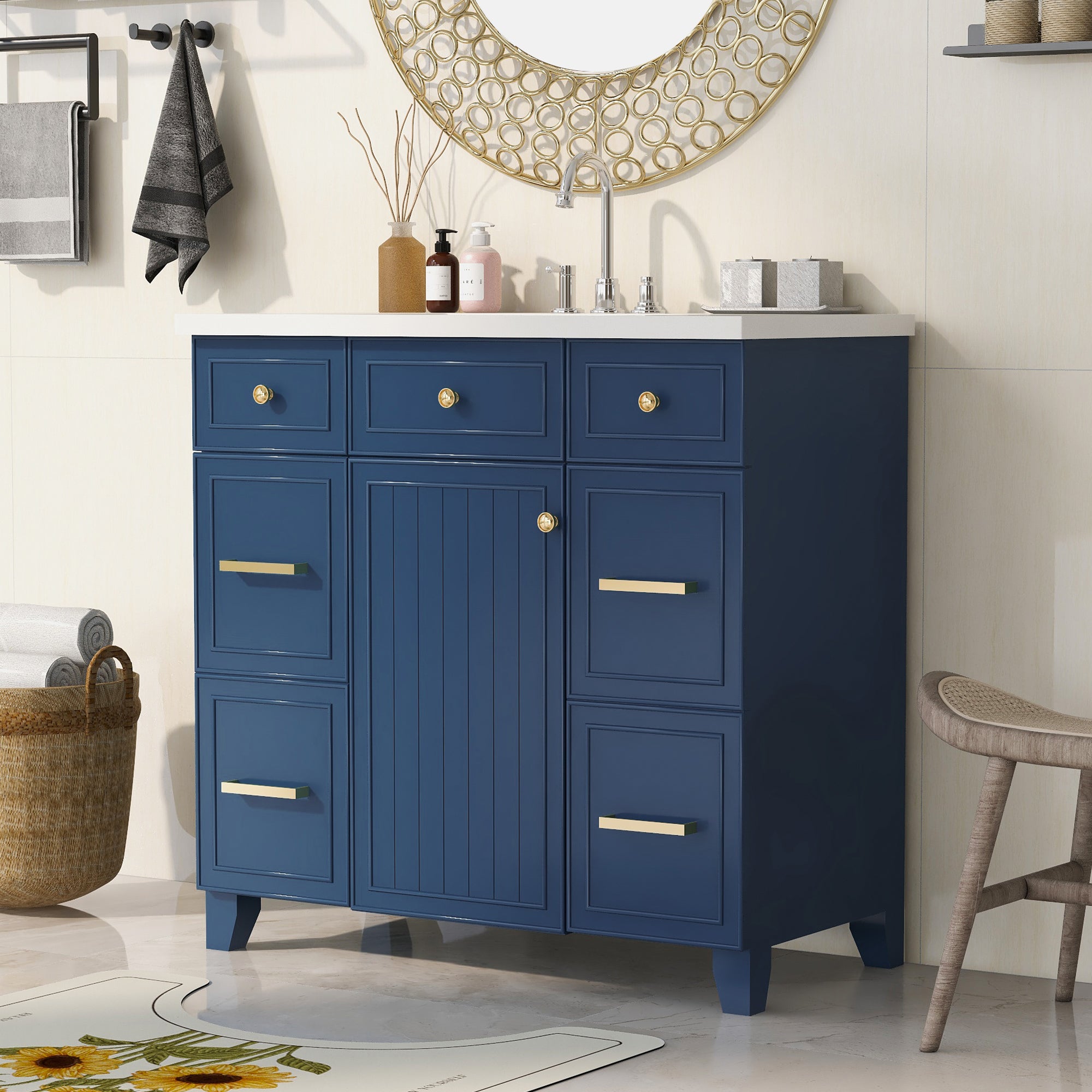 36 inch Freestanding Bath Vanity in Navy Blue with White Resin Top
