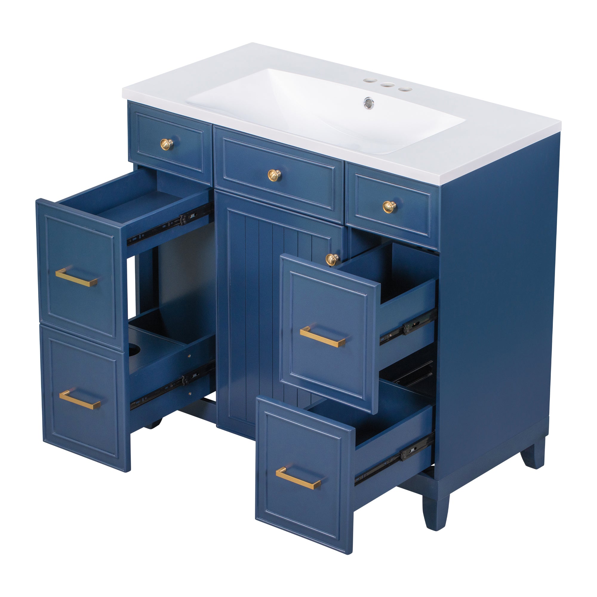 36 inch Freestanding Bath Vanity in Navy Blue with White Resin Top