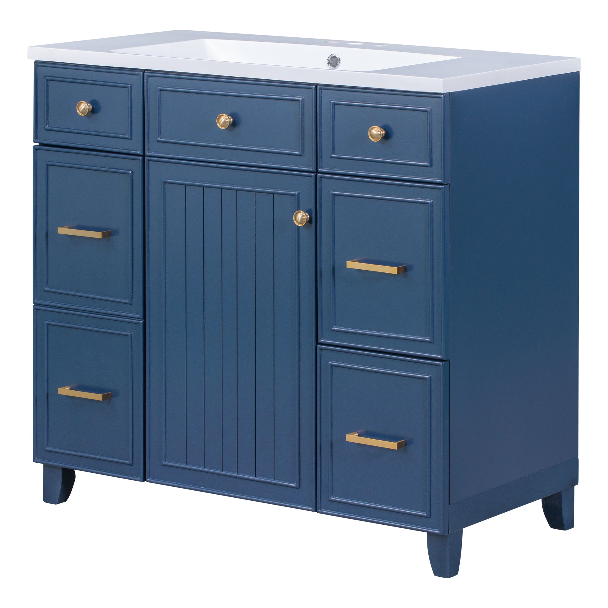 36 inch Freestanding Bath Vanity in Navy Blue with White Resin Top