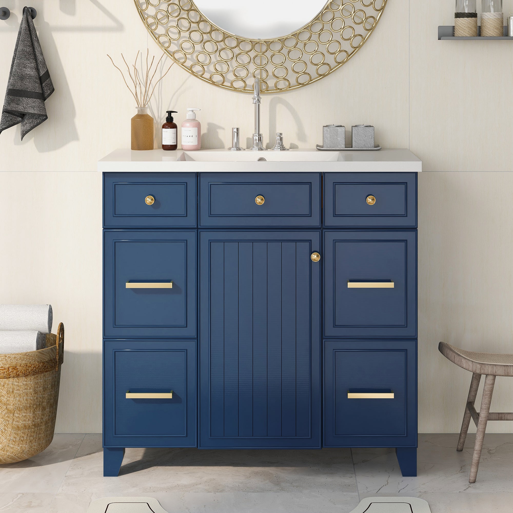 36 inch Freestanding Bath Vanity in Navy Blue with White Resin Top
