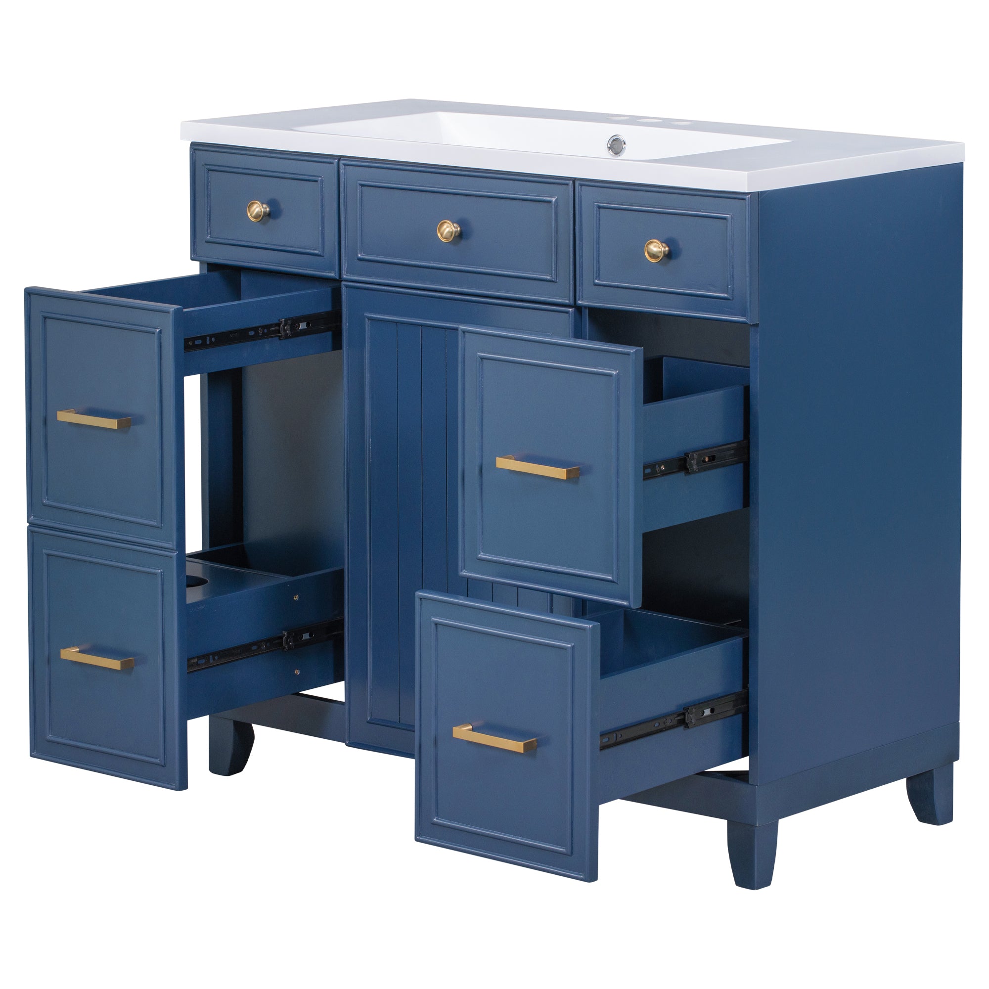 36 inch Freestanding Bath Vanity in Navy Blue with White Resin Top