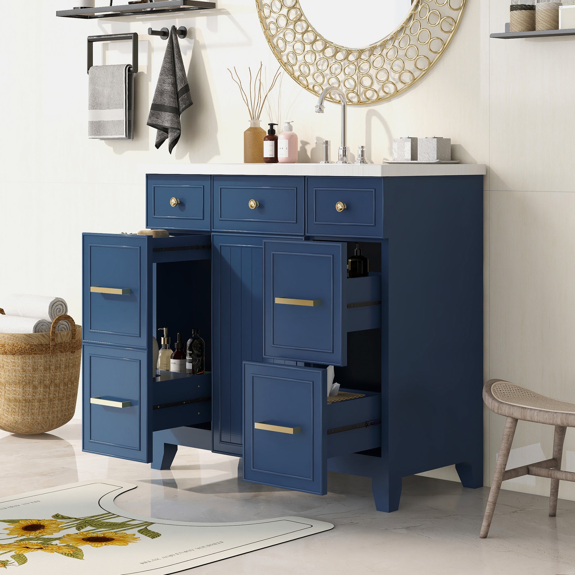 36 inch Freestanding Bath Vanity in Navy Blue with White Resin Top