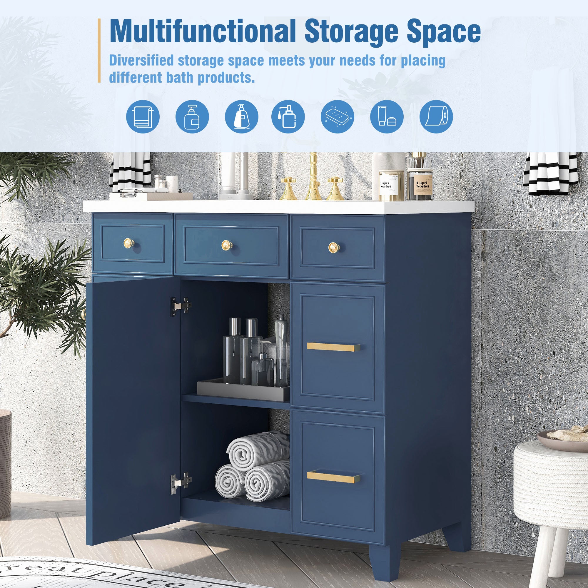36 inch Freestanding Bath Vanity in Navy Blue with White Resin Top