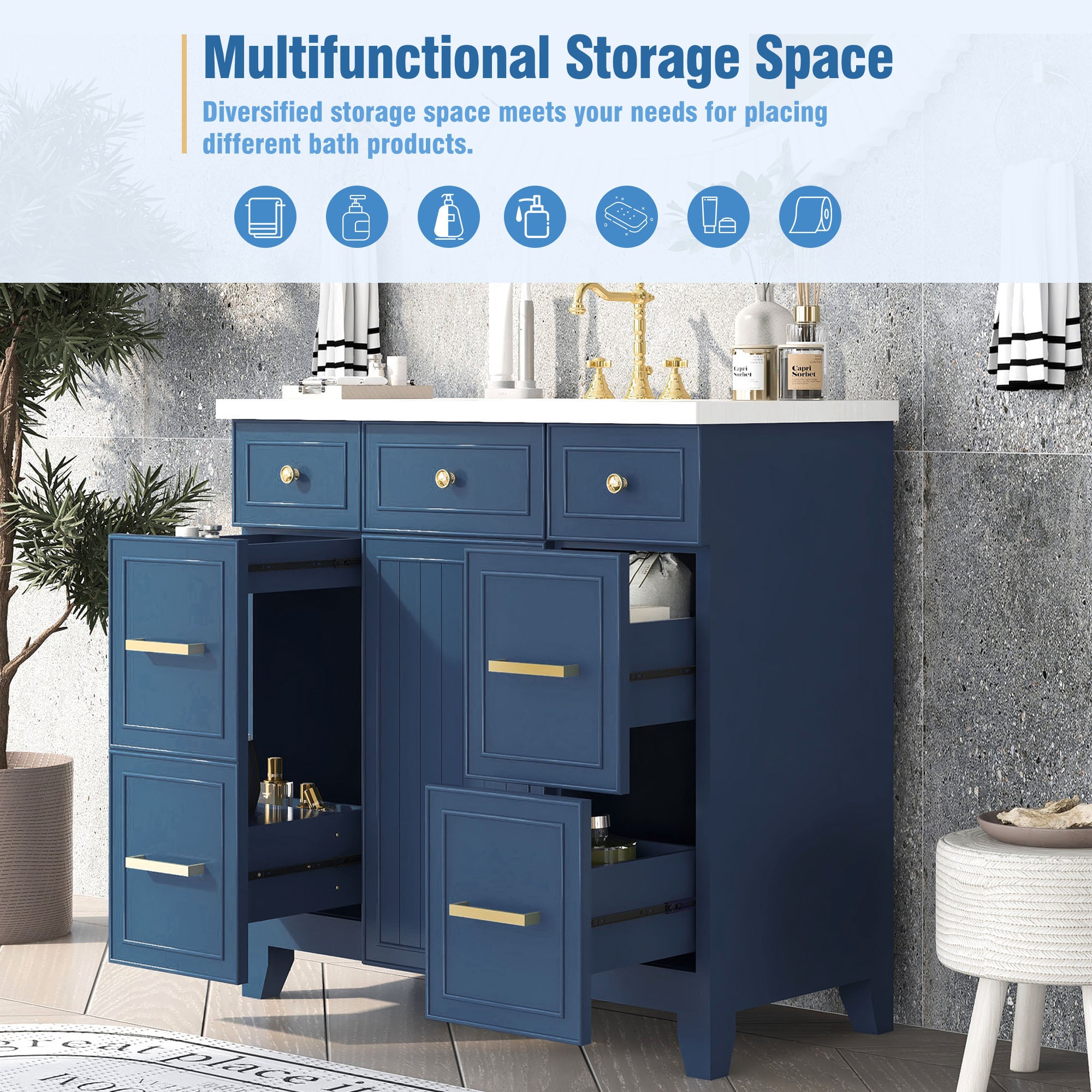 36 inch Freestanding Bath Vanity in Navy Blue with White Resin Top