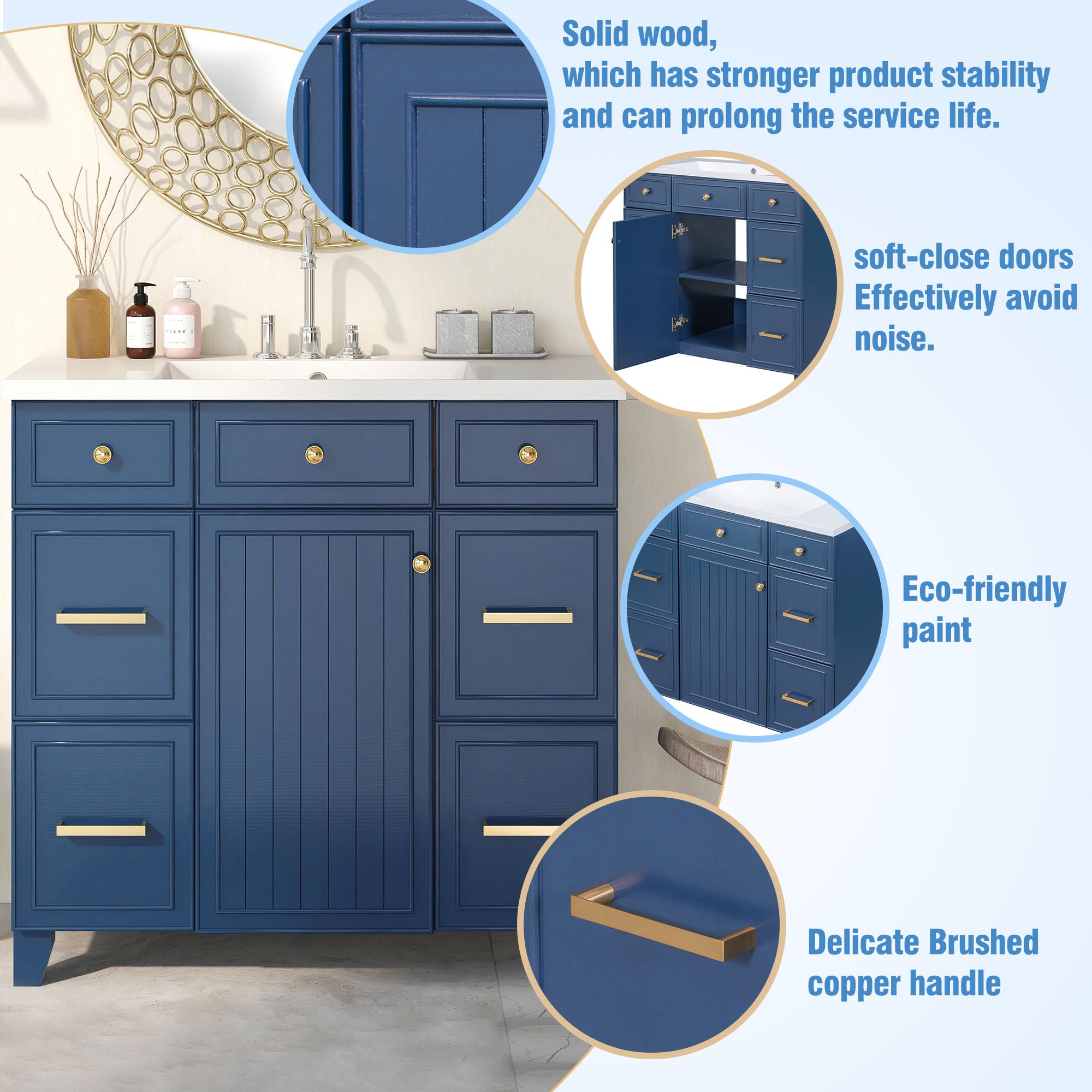 36 inch Freestanding Bath Vanity in Navy Blue with White Resin Top