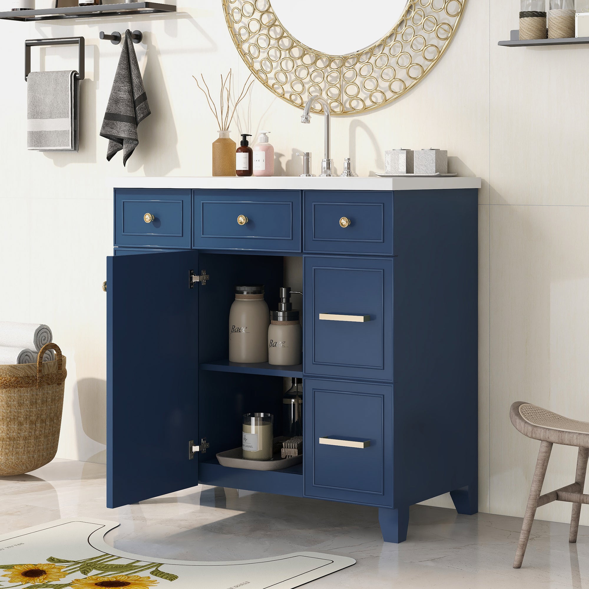 36 inch Freestanding Bath Vanity in Navy Blue with White Resin Top