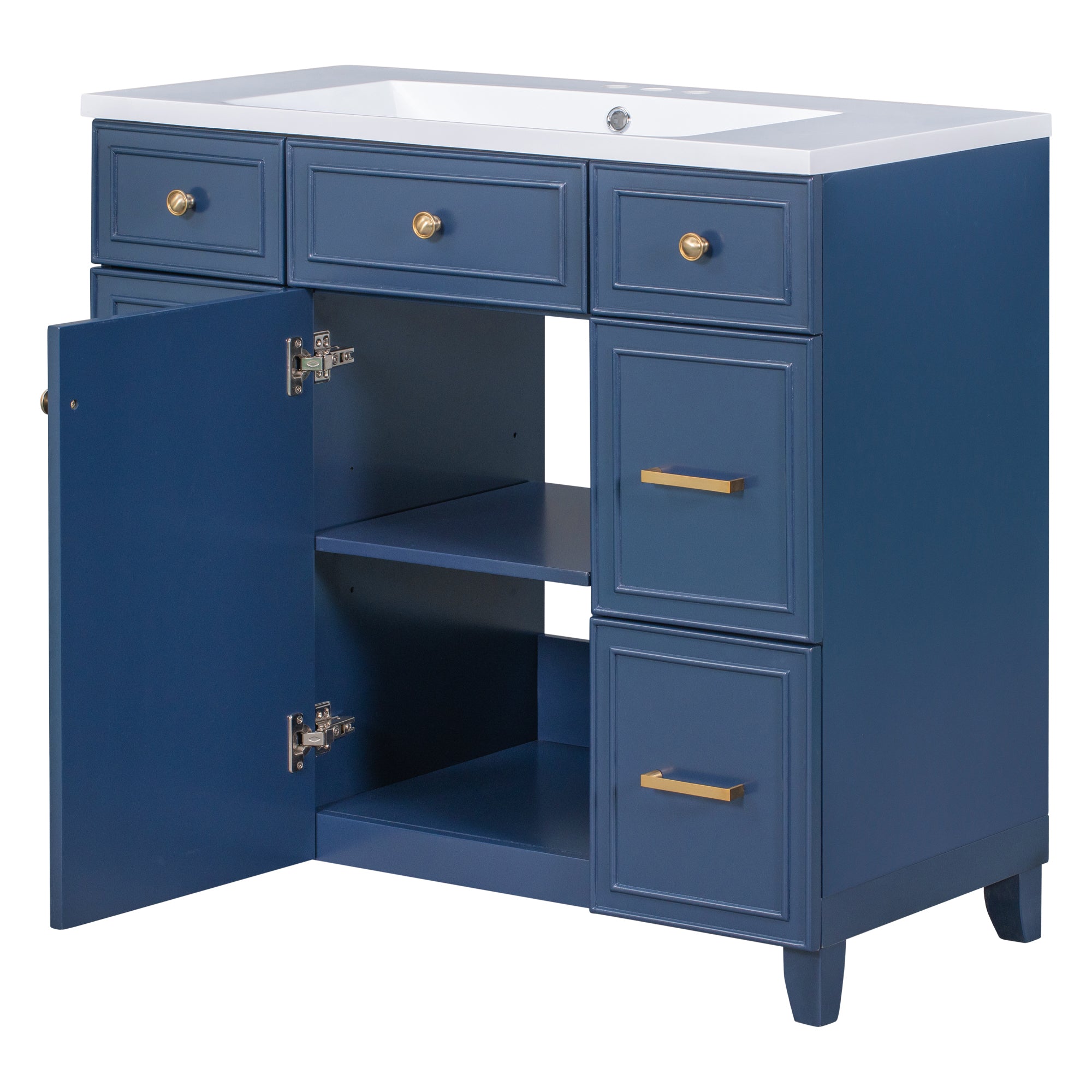 36 inch Freestanding Bath Vanity in Navy Blue with White Resin Top