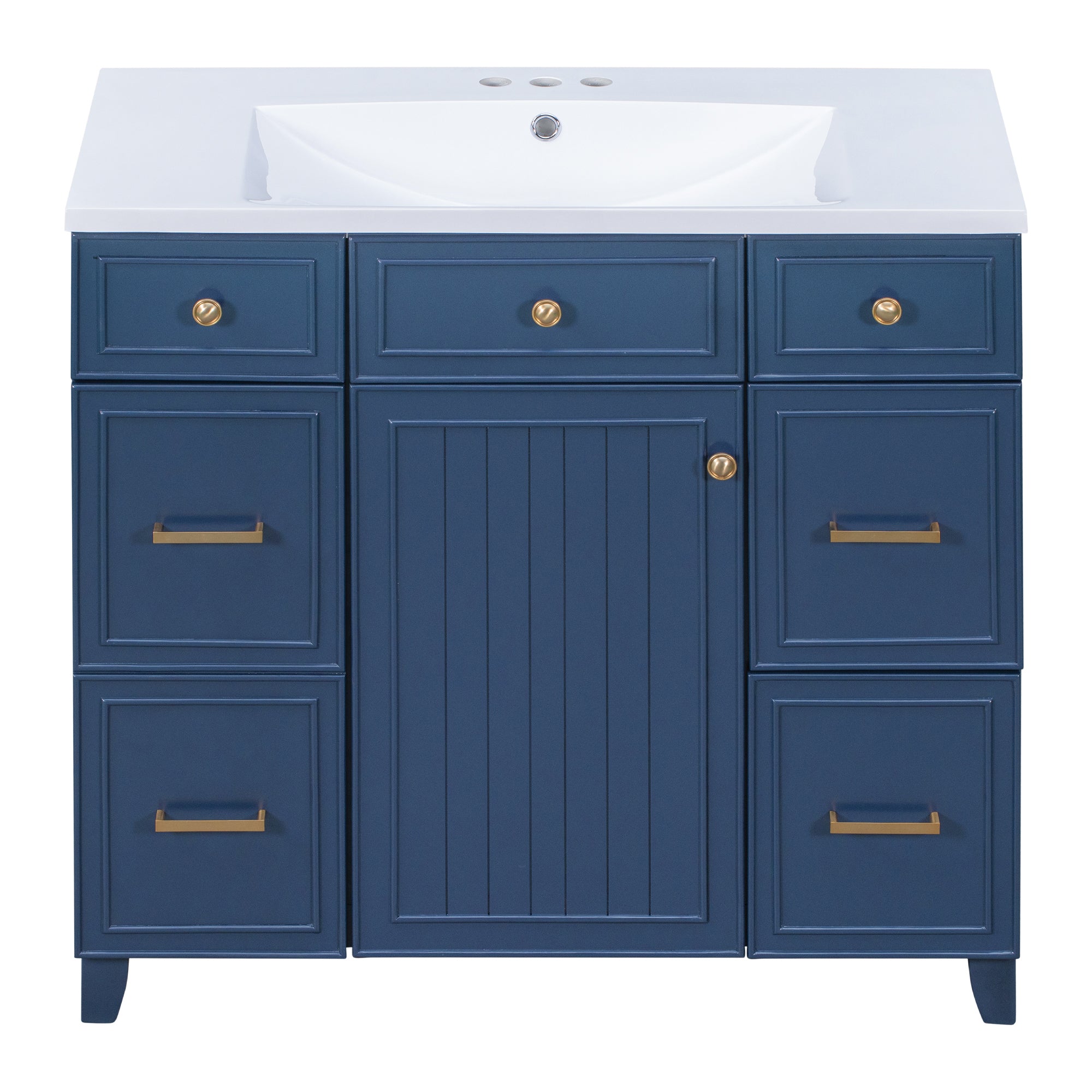 36 inch Freestanding Bath Vanity in Navy Blue with White Resin Top