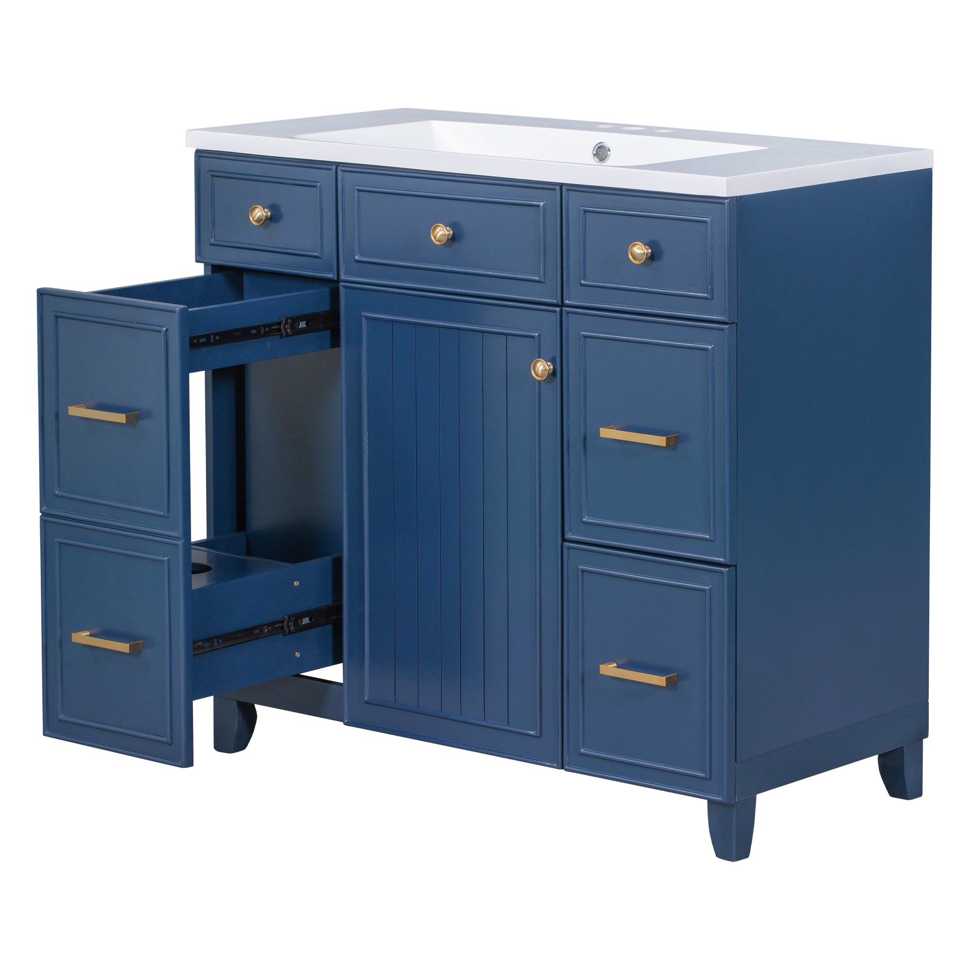 36 inch Freestanding Bath Vanity in Navy Blue with White Resin Top