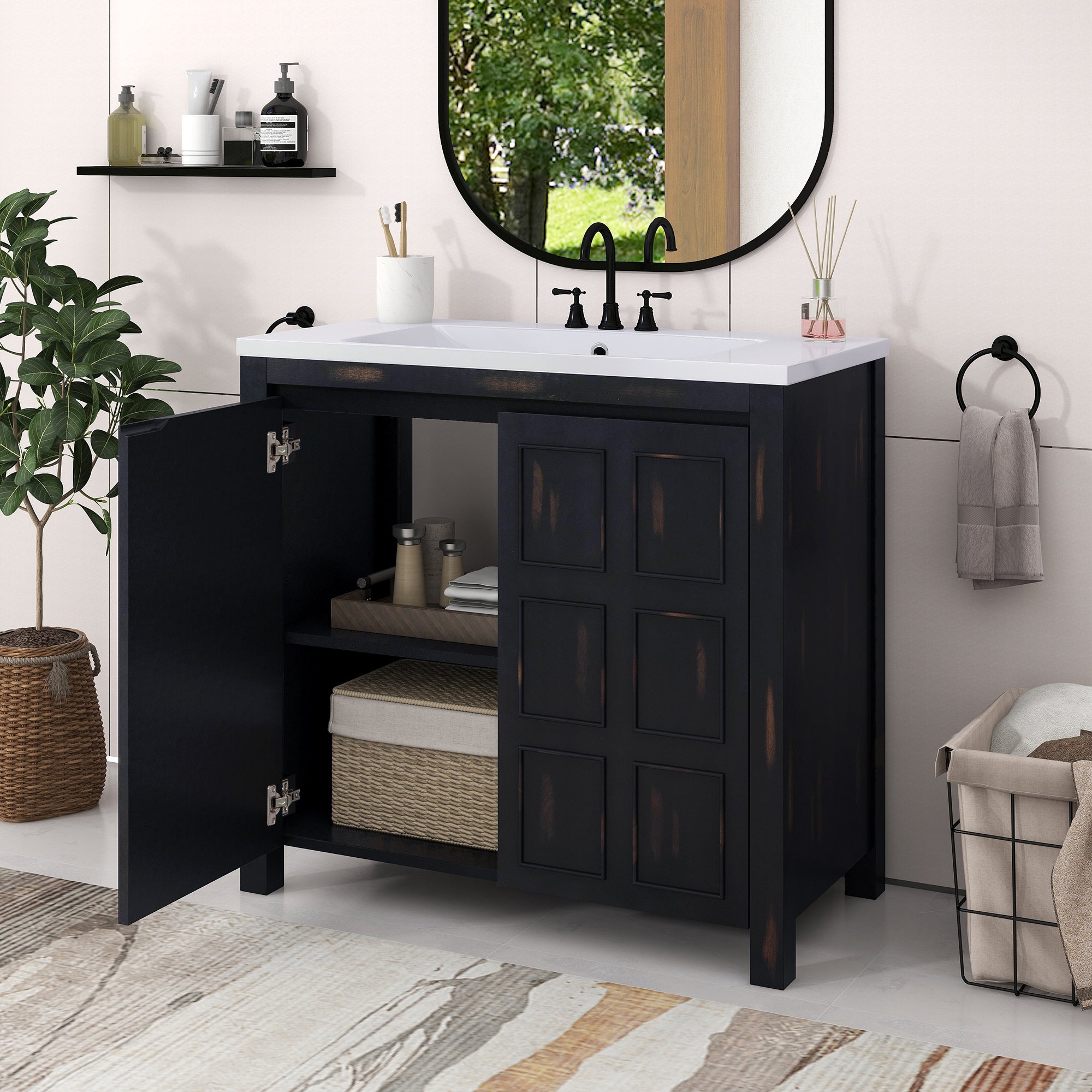36 inch Freestanding Bath Vanity in Black with White Resin Top
