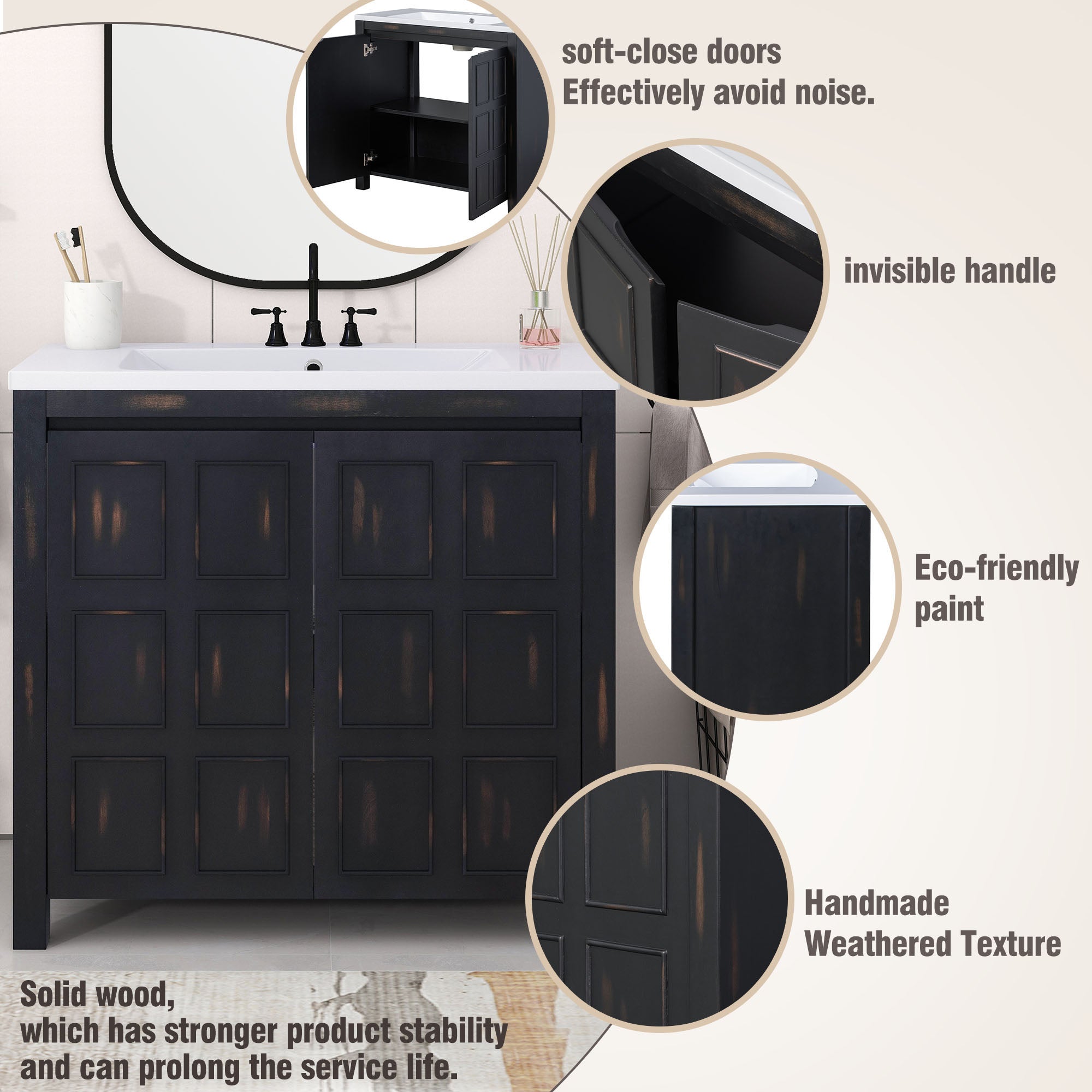 36 inch Freestanding Bath Vanity in Black with White Resin Top