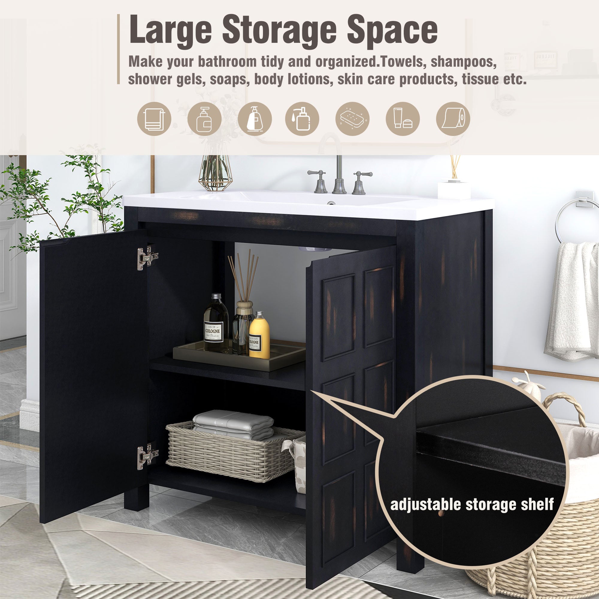 36 inch Freestanding Bath Vanity in Black with White Resin Top