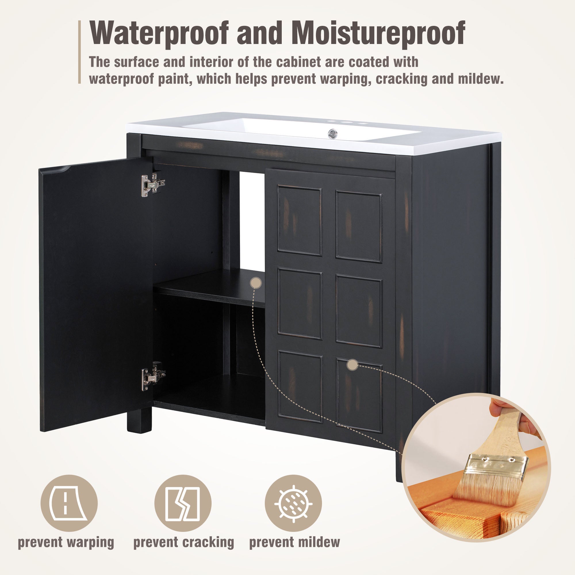36 inch Freestanding Bath Vanity in Black with White Resin Top