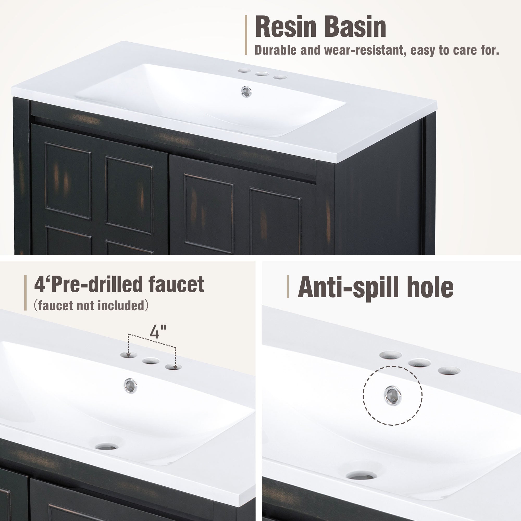 36 inch Freestanding Bath Vanity in Black with White Resin Top