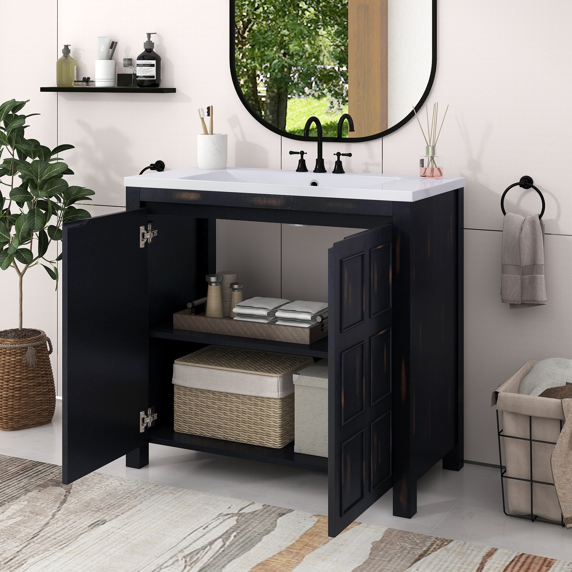 36 inch Freestanding Bath Vanity in Black with White Resin Top