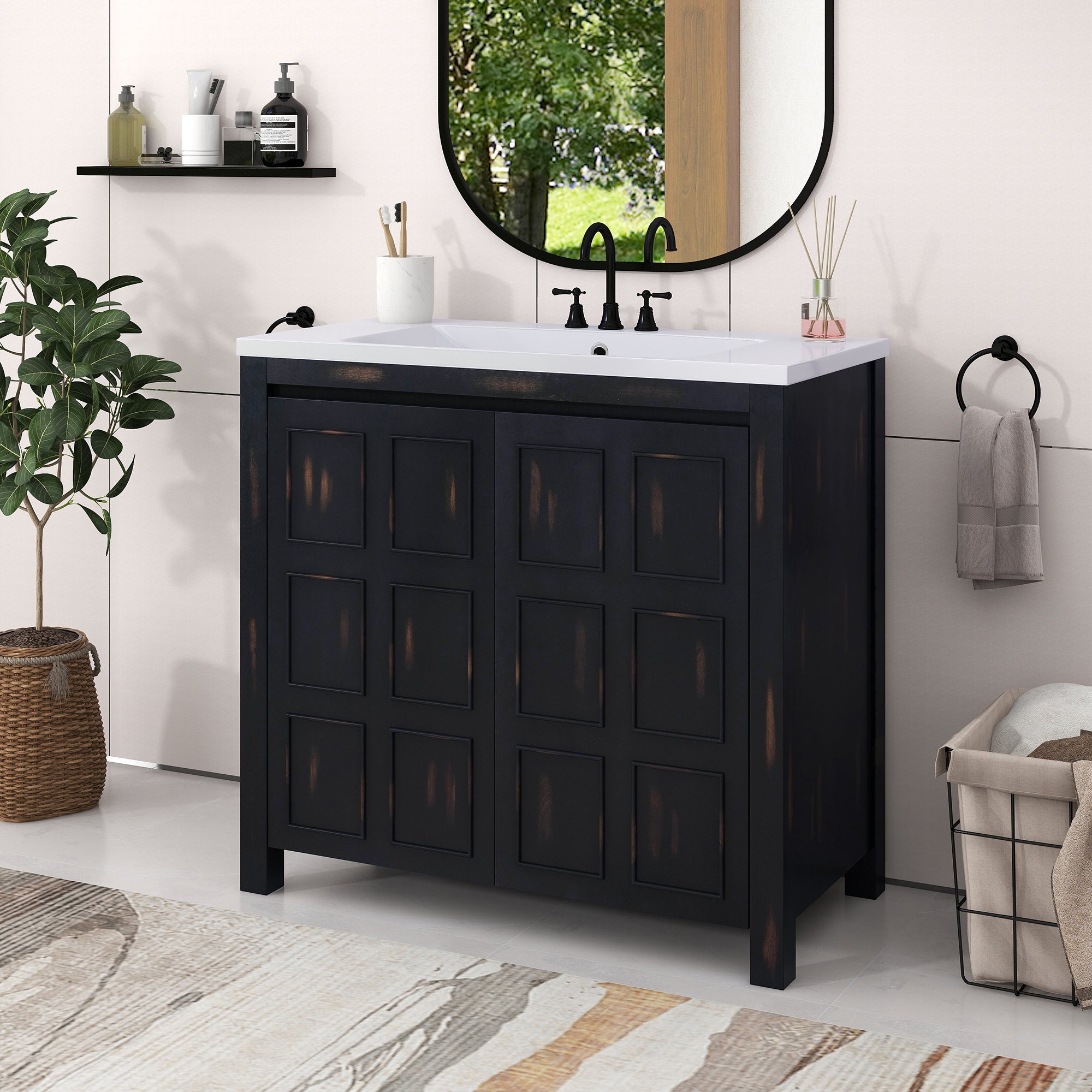 36 inch Freestanding Bath Vanity in Black with White Resin Top