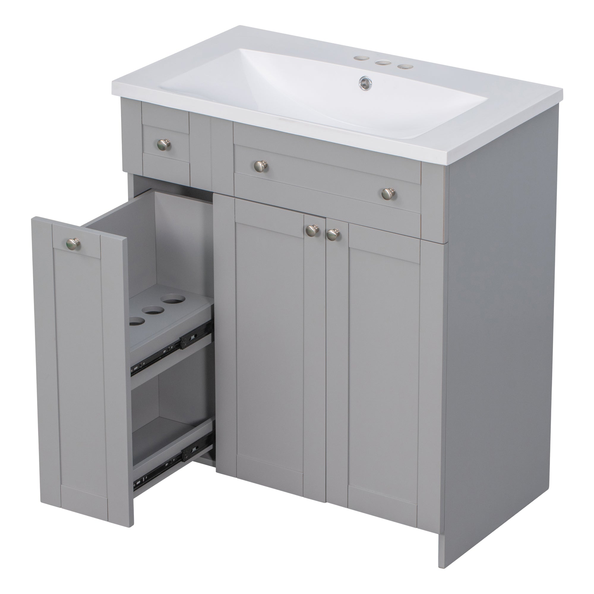 30 inch Freestanding Bath Vanity in Grey with White Resin Top