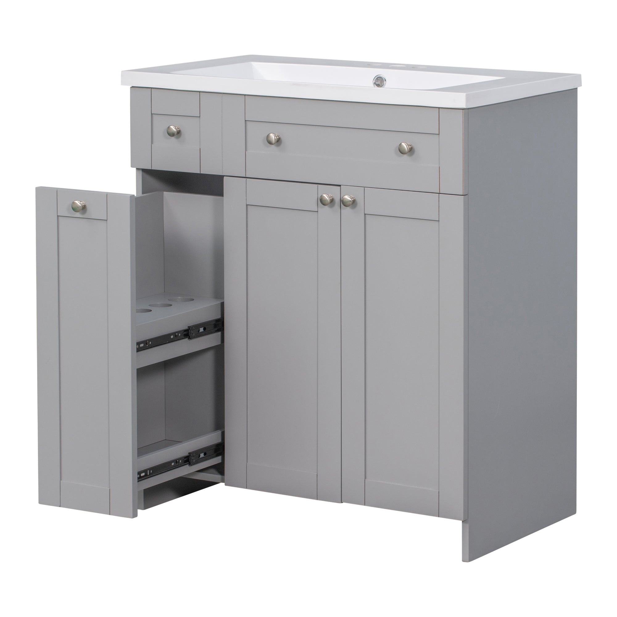 30 inch Freestanding Bath Vanity in Grey with White Resin Top