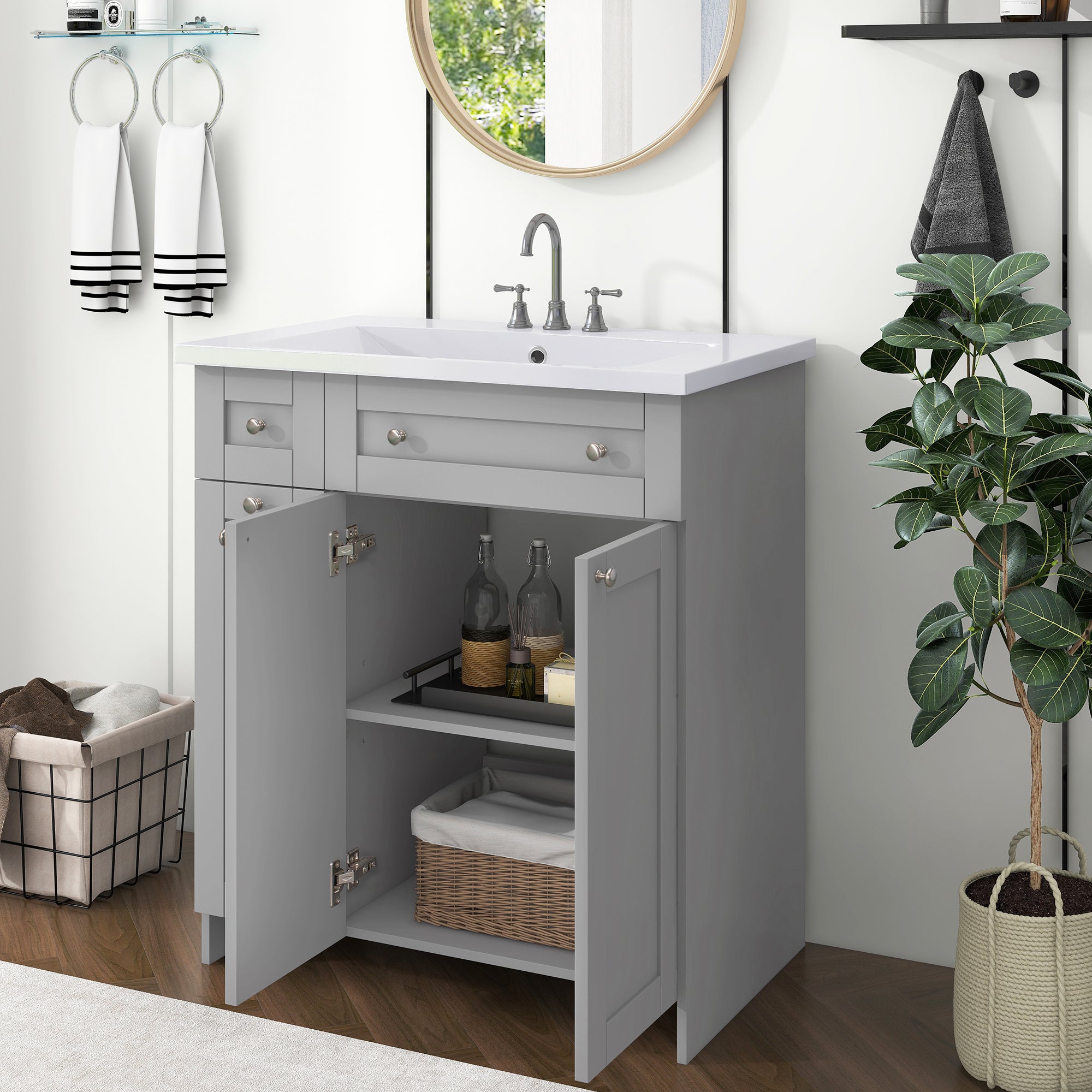 30 inch Freestanding Bath Vanity in Grey with White Resin Top