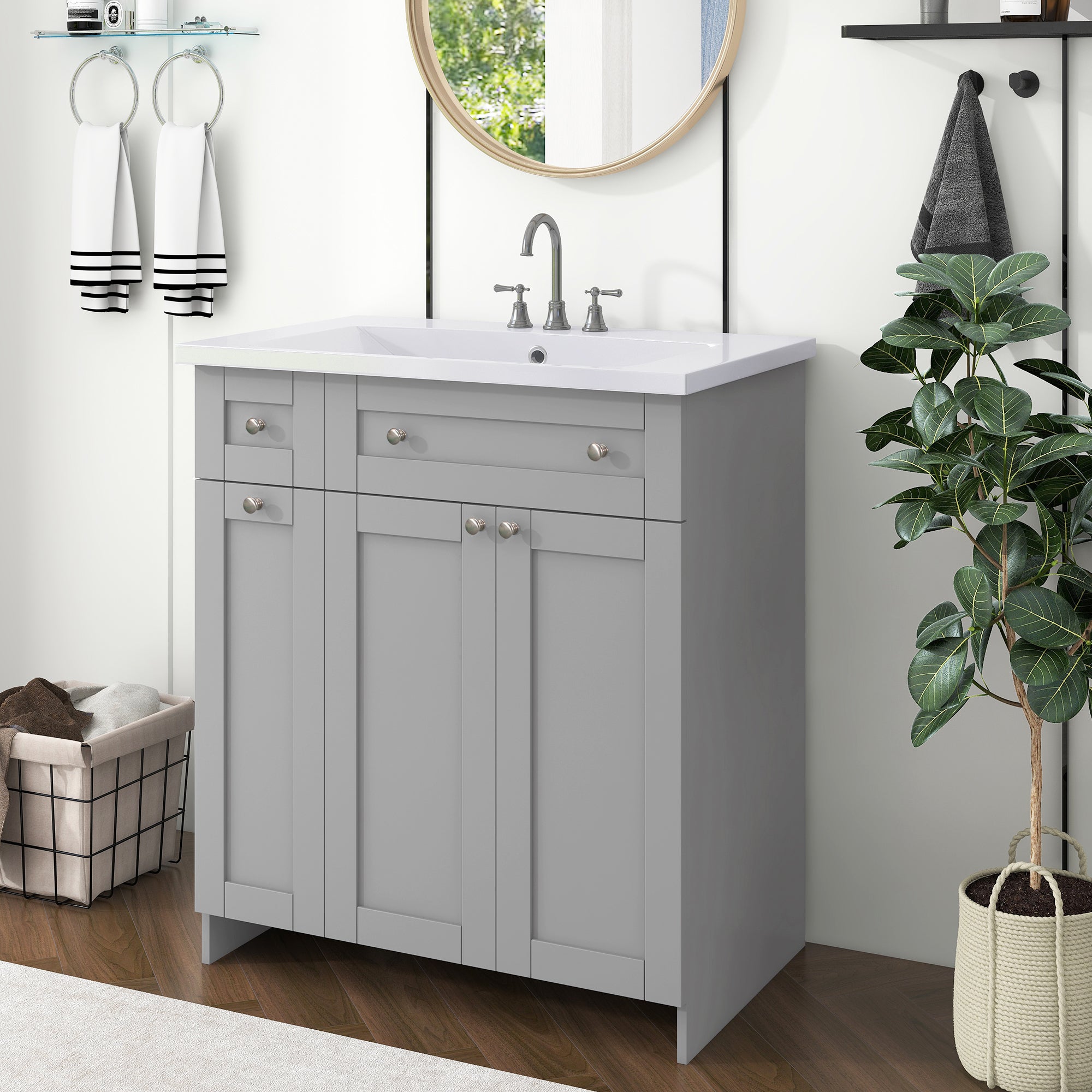 30 inch Freestanding Bath Vanity in Grey with White Resin Top