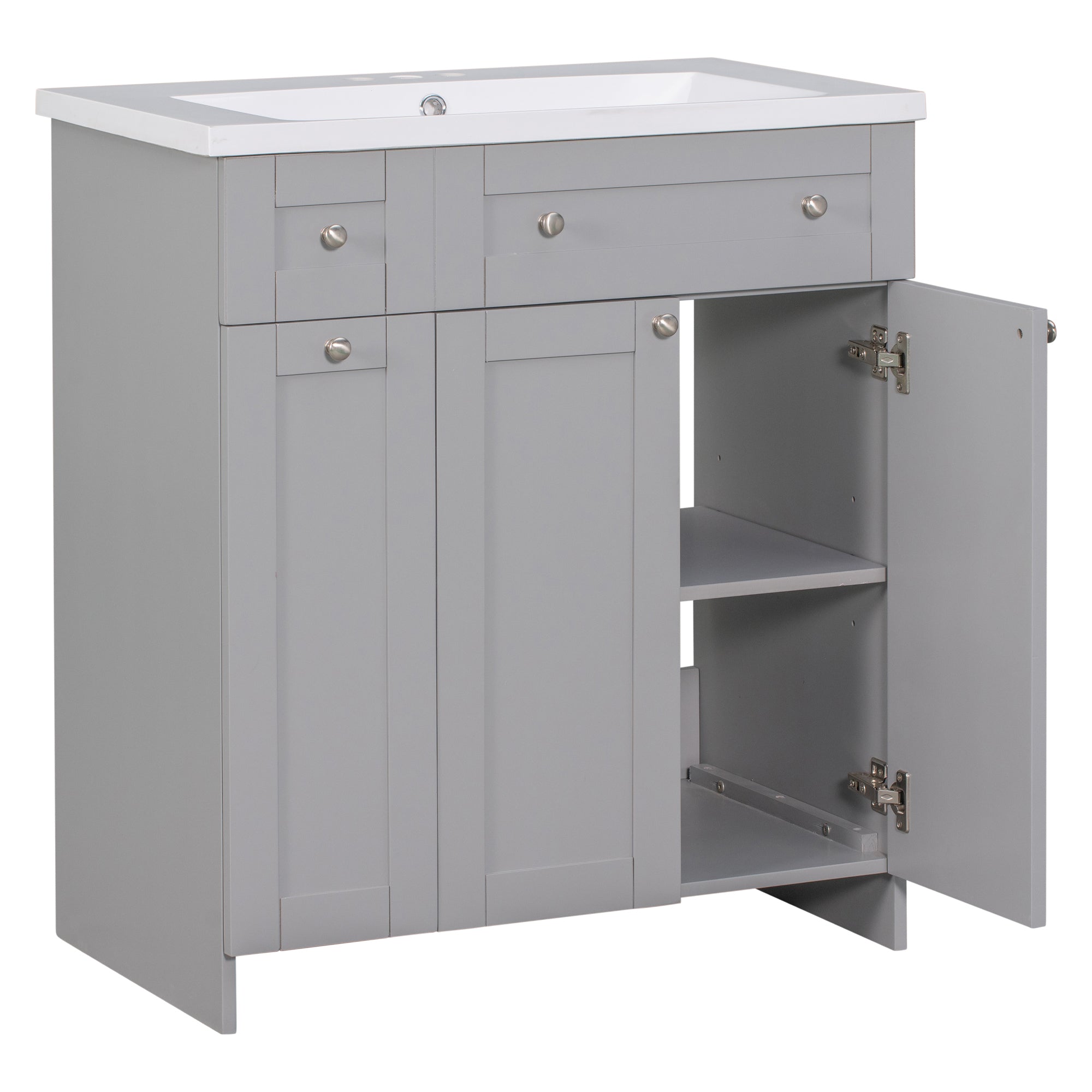 30 inch Freestanding Bath Vanity in Grey with White Resin Top
