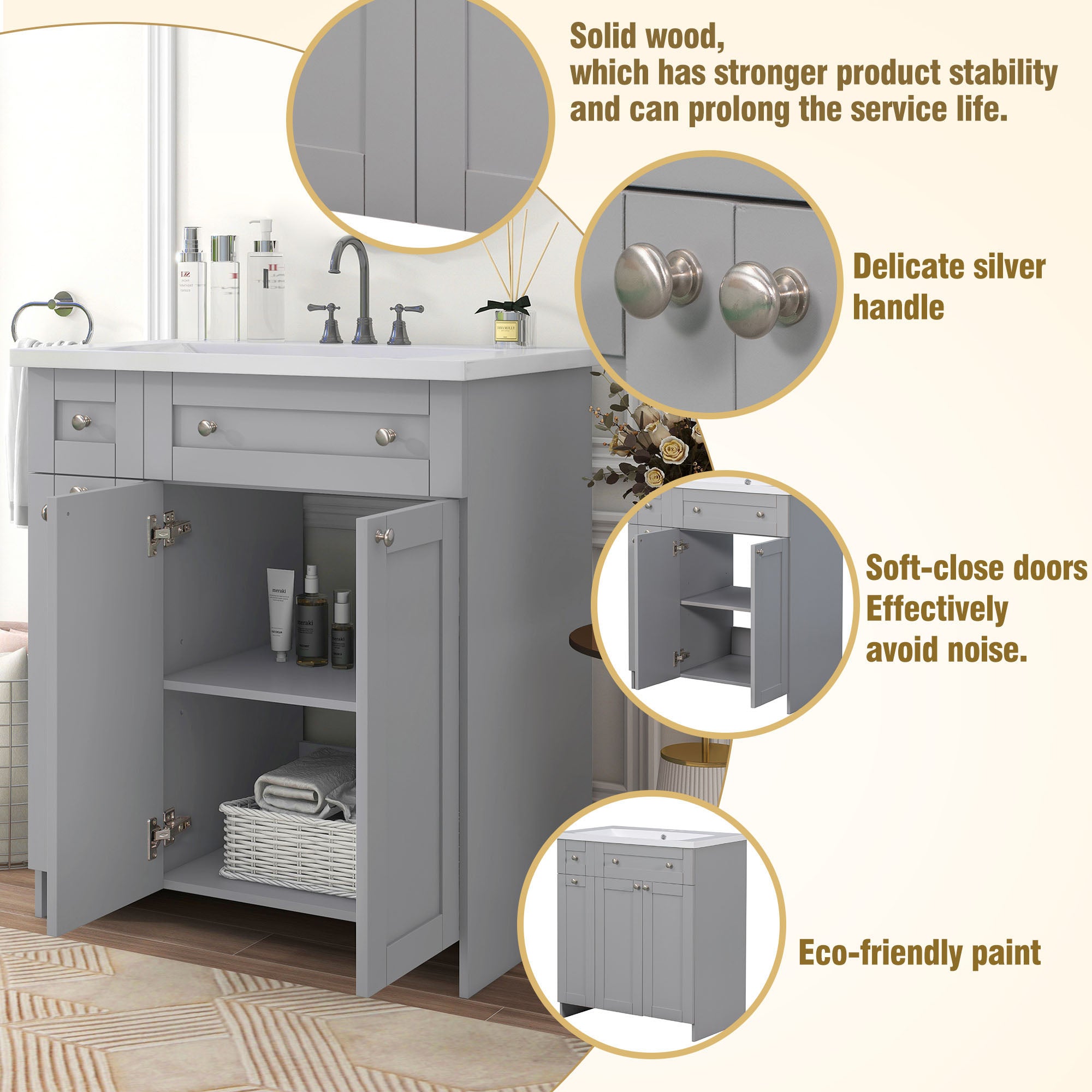 30 inch Freestanding Bath Vanity in Grey with White Resin Top