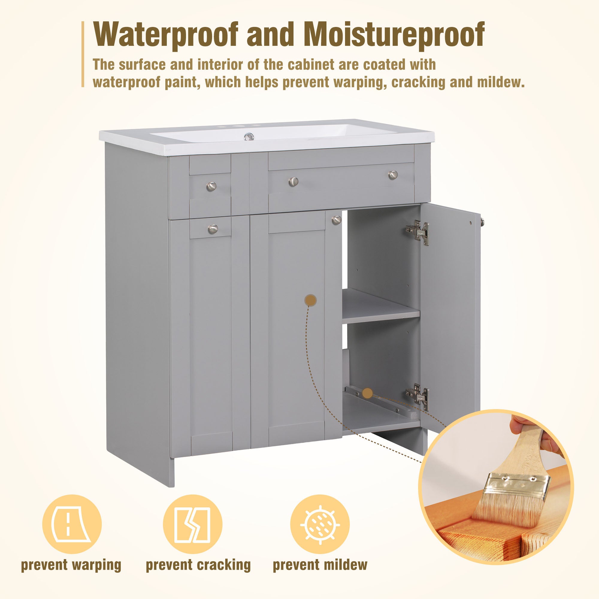 30 inch Freestanding Bath Vanity in Grey with White Resin Top