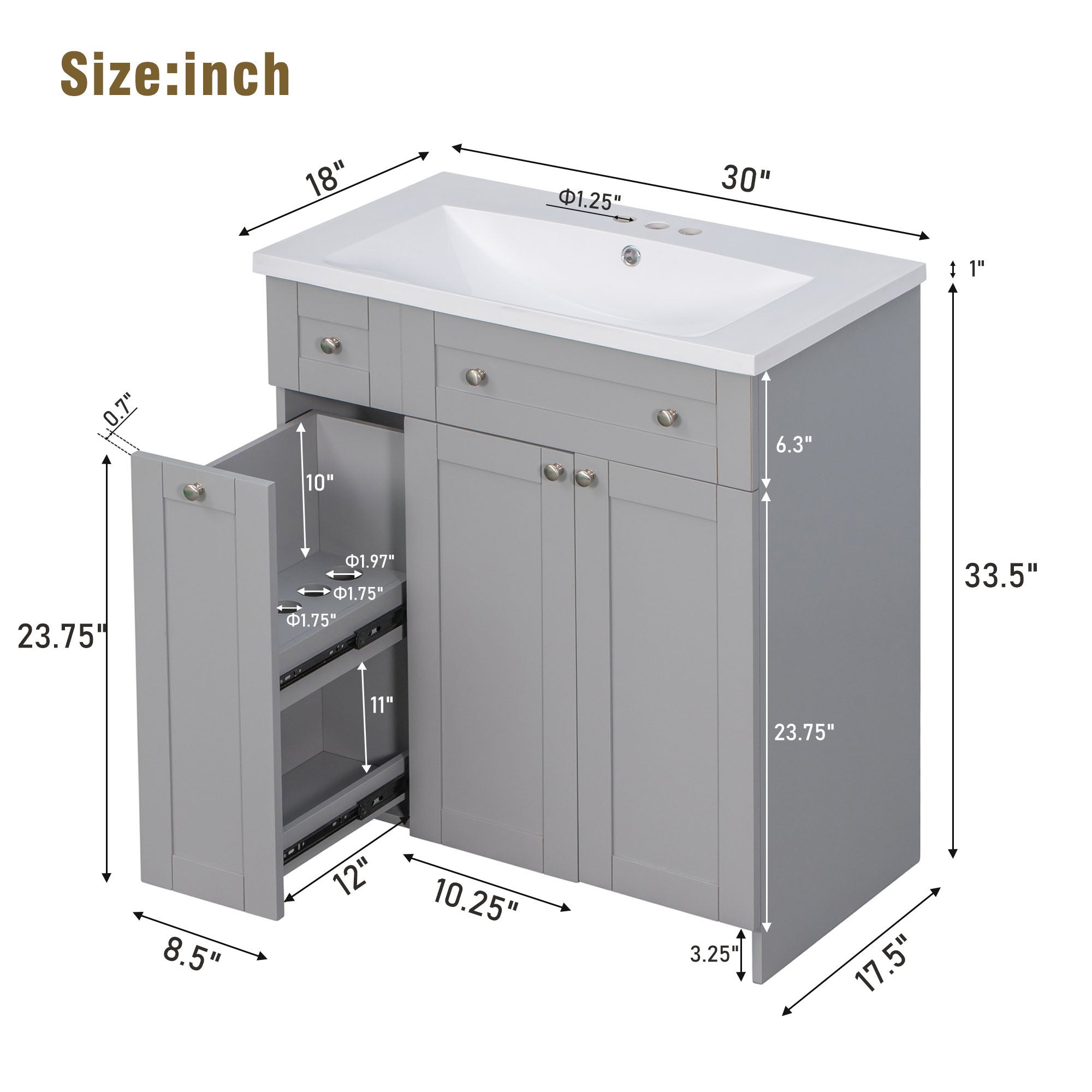 30 inch Freestanding Bath Vanity in Grey with White Resin Top