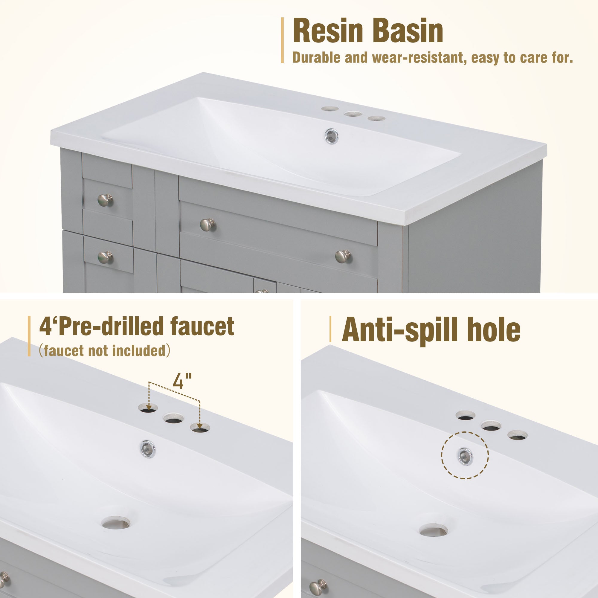 30 inch Freestanding Bath Vanity in Grey with White Resin Top