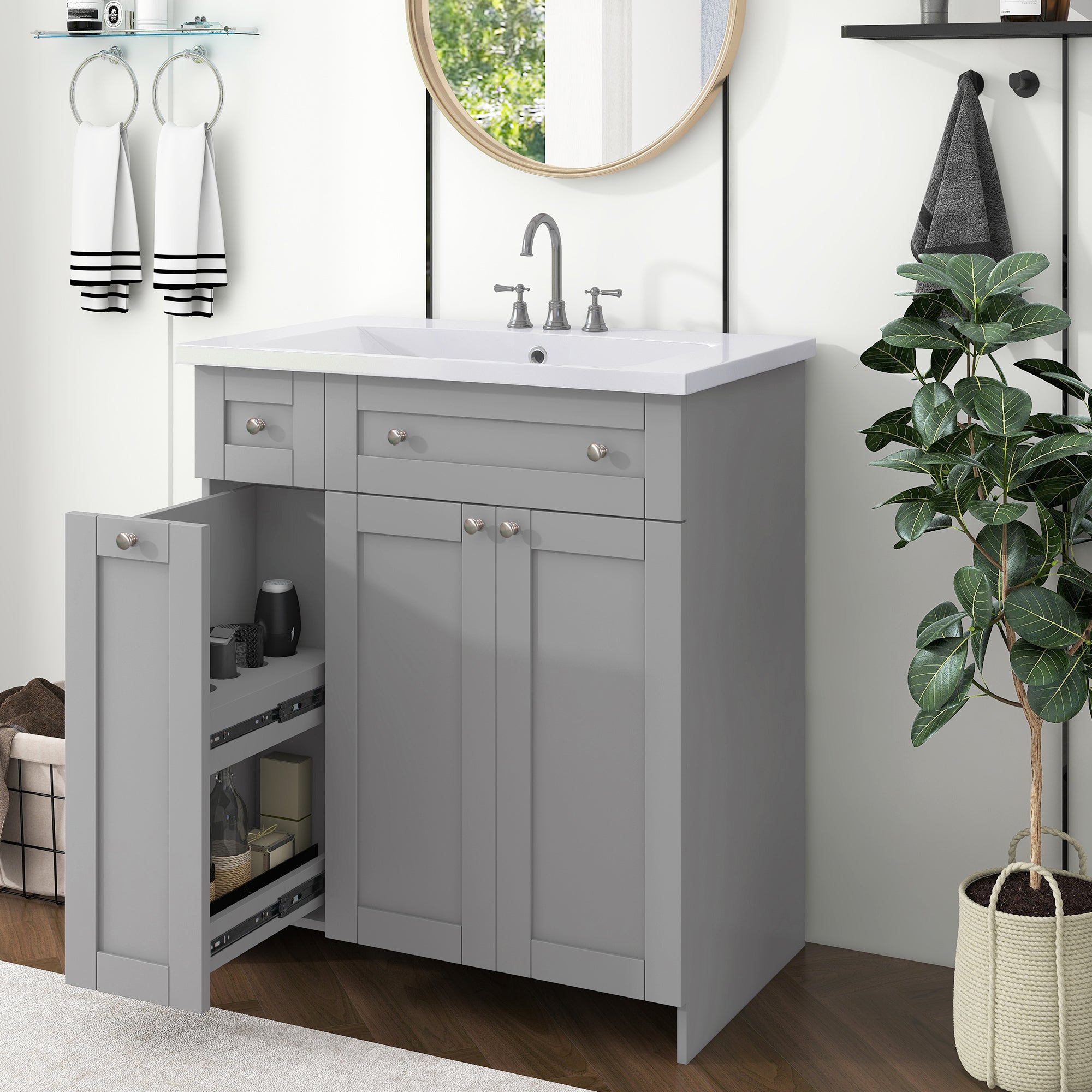 30 inch Freestanding Bath Vanity in Grey with White Resin Top