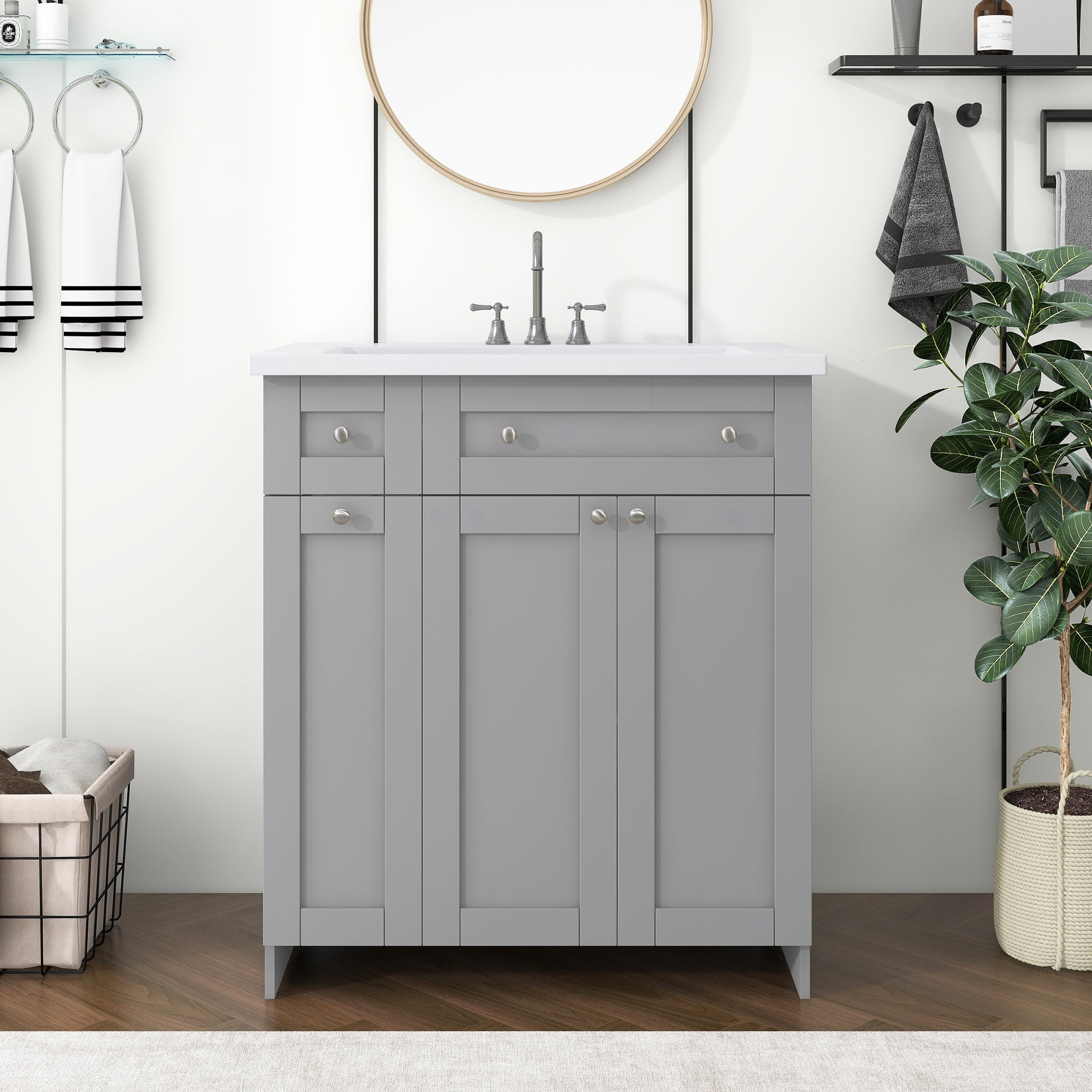30 inch Freestanding Bath Vanity in Grey with White Resin Top