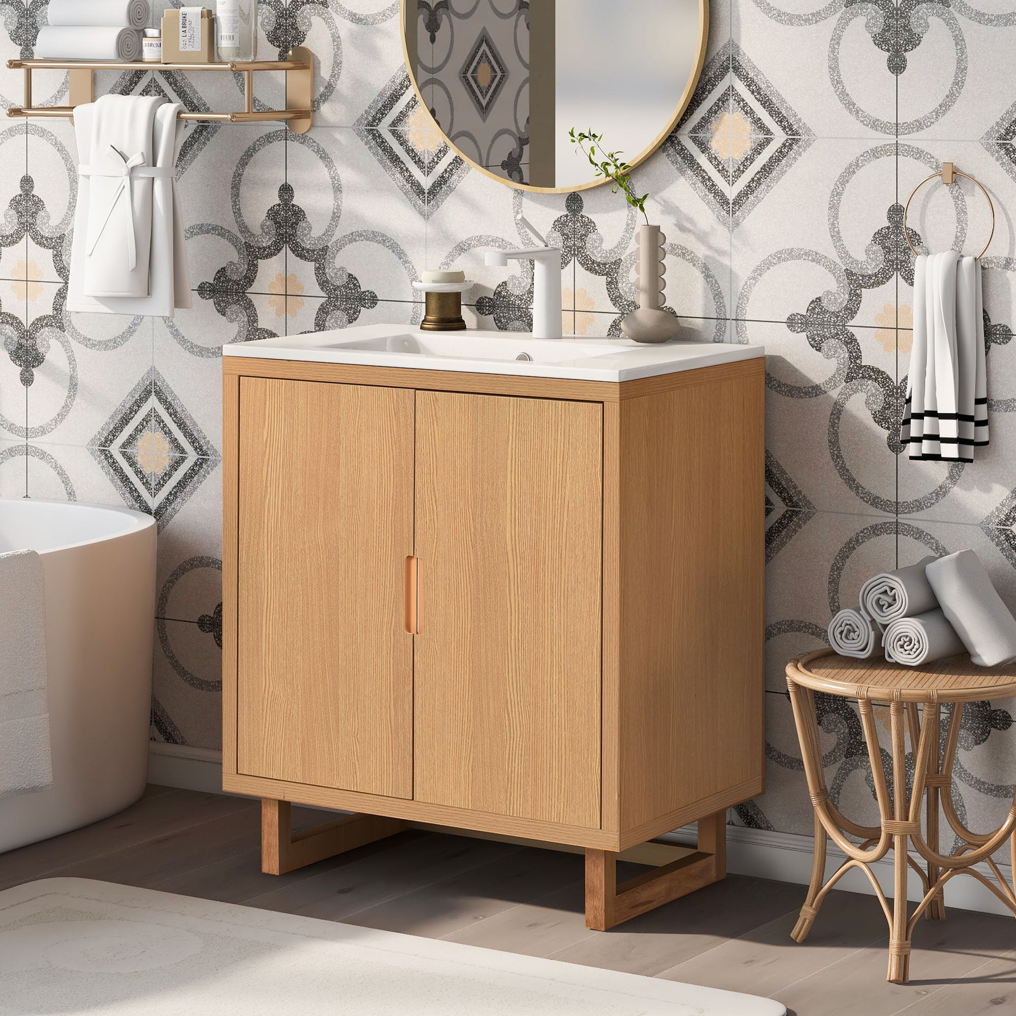 30 inch Solid Wood Freestanding Bathroom Vanity Set in Burly Wood with White Integrated Resin Sink