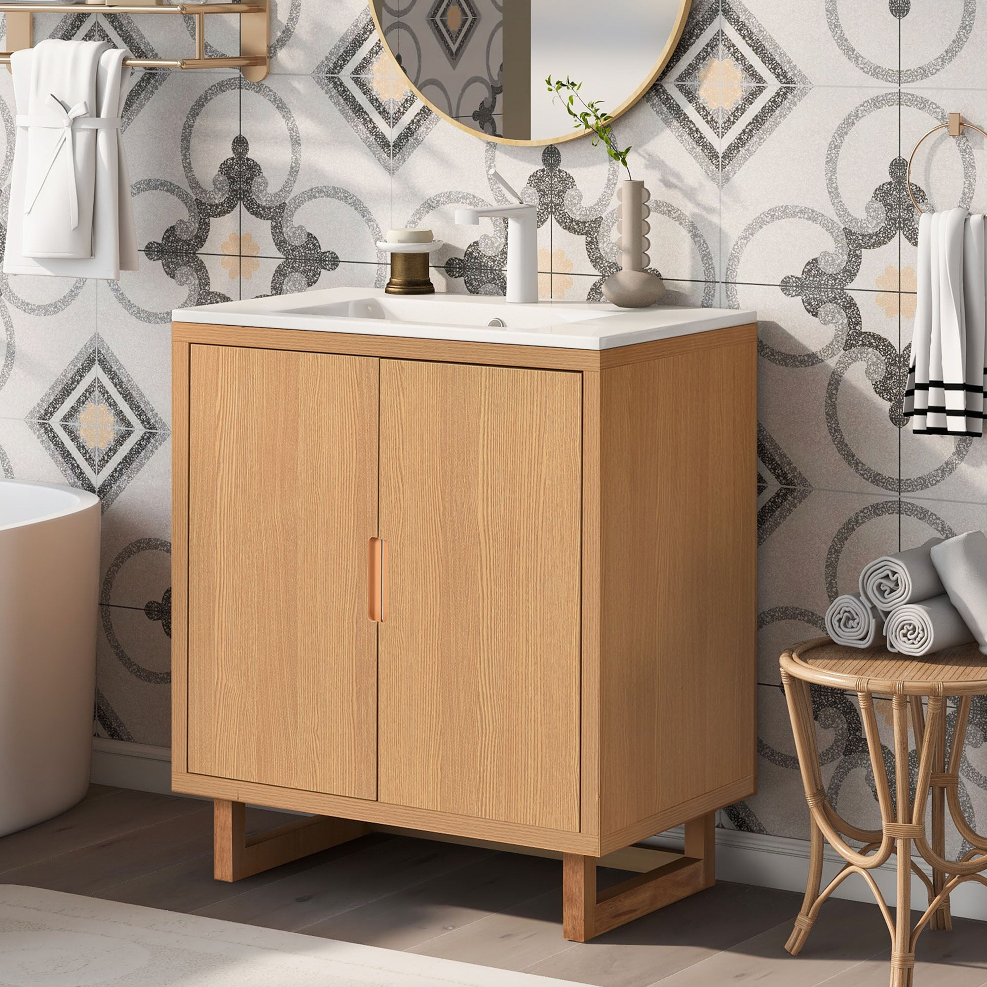 30 inch Solid Wood Freestanding Bathroom Vanity Set in Burly Wood with White Integrated Resin Sink