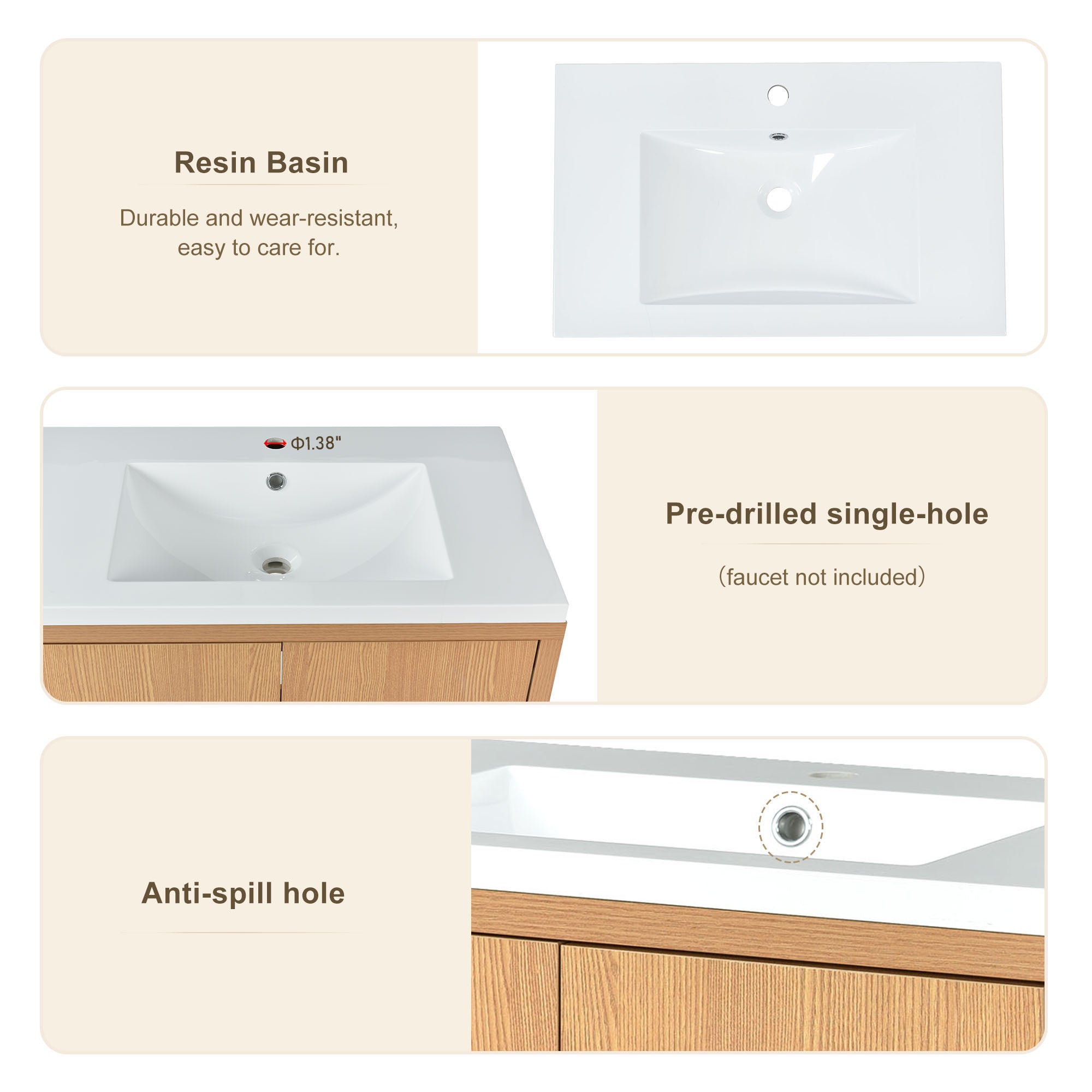 30 inch Solid Wood Freestanding Bathroom Vanity Set in Burly Wood with White Integrated Resin Sink
