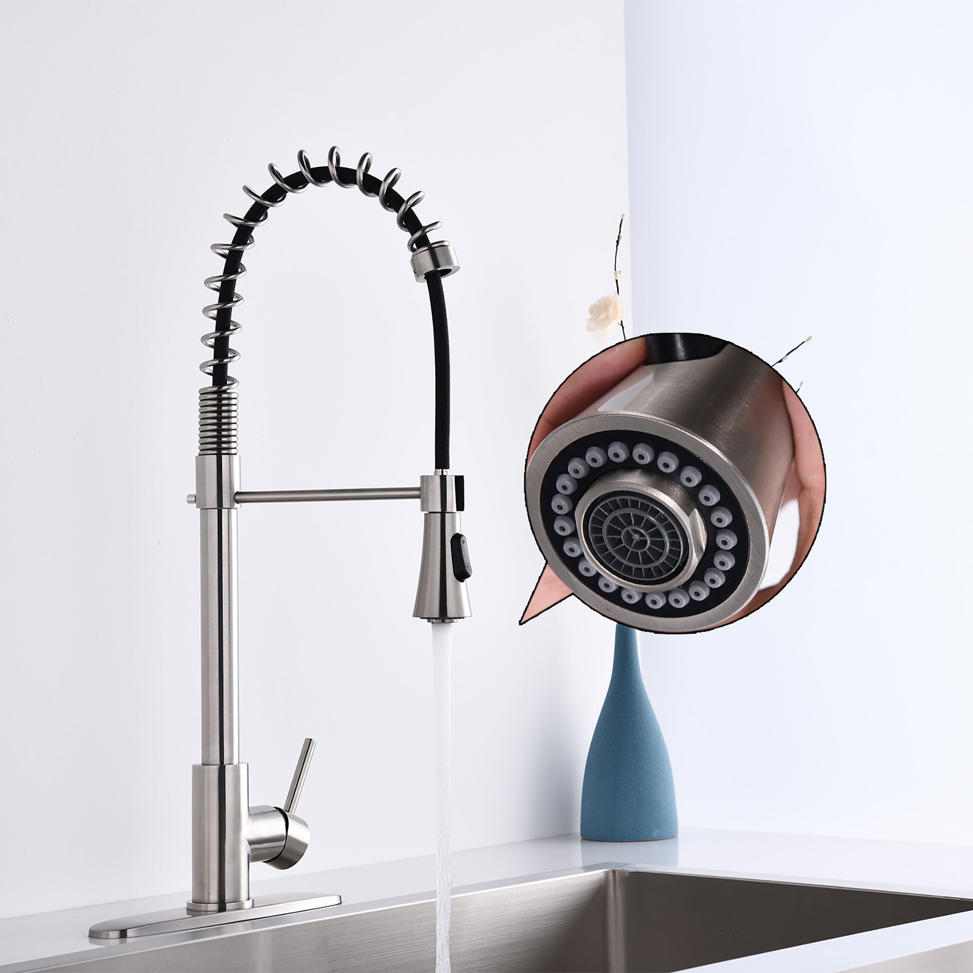 Single Handle Deck Mounted Spring Neck Pull Down Kitchen Faucet with Sprayer