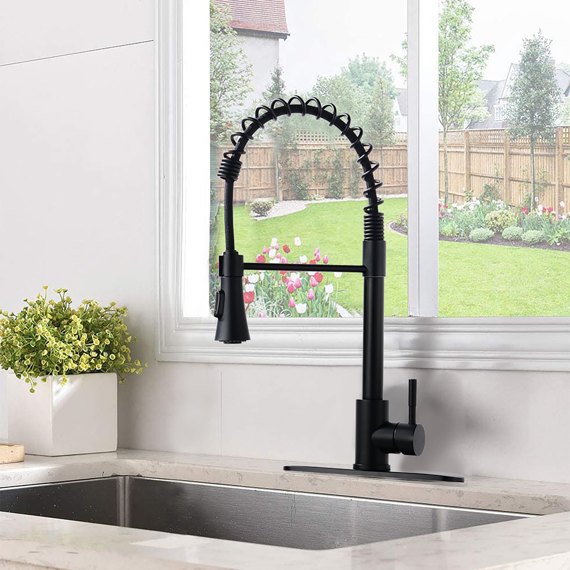 Single Handle Deck Mounted Spring Neck Pull Down Kitchen Faucet with Sprayer