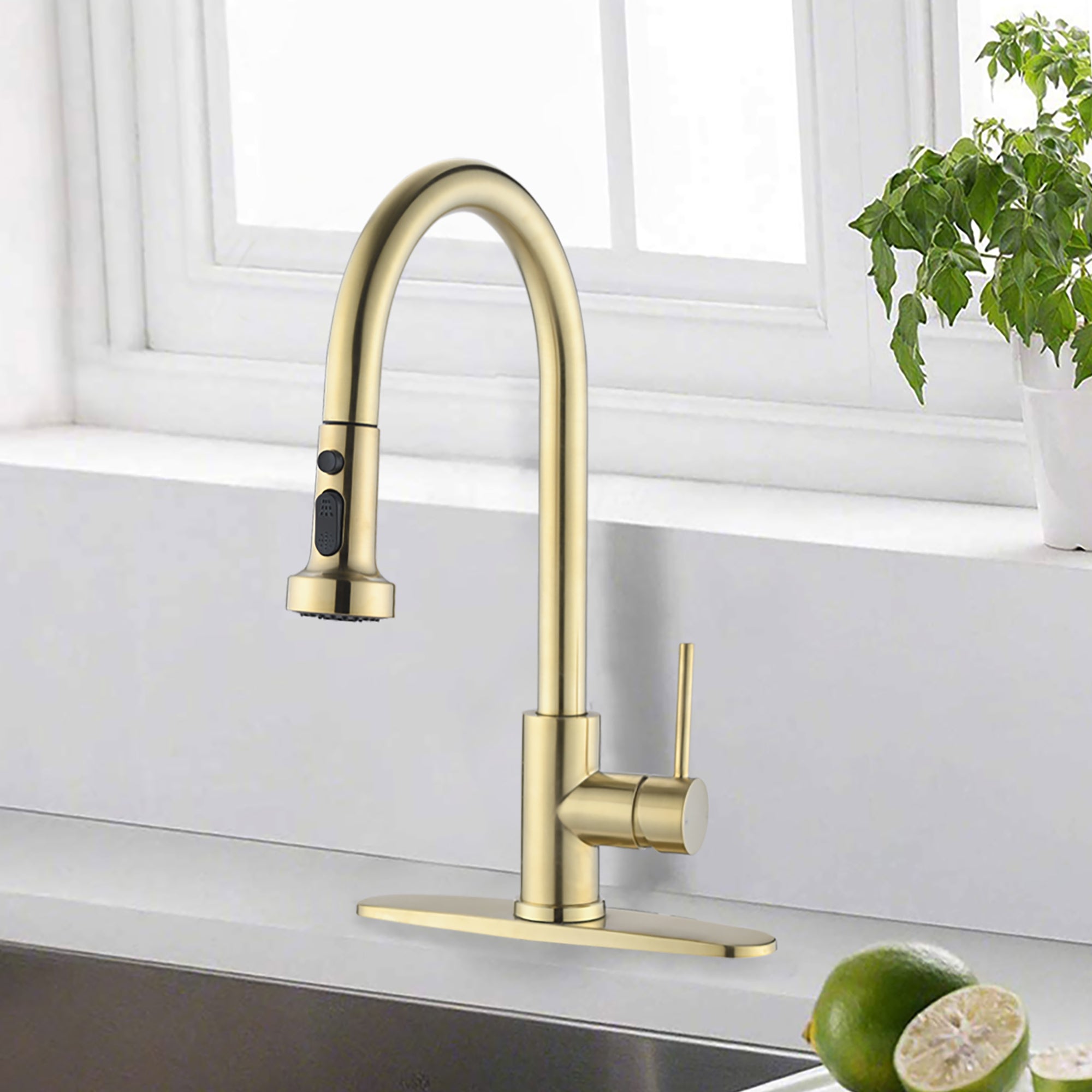 Single Handle Deck Mounted High Arc Pull Down Stainless Steel Kitchen Faucet with Soap Dispenser