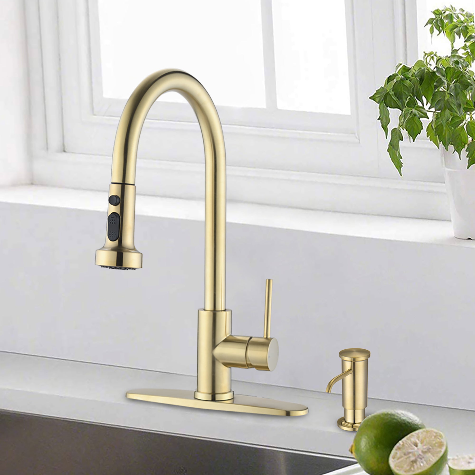 Single Handle Deck Mounted High Arc Pull Down Stainless Steel Kitchen Faucet with Soap Dispenser