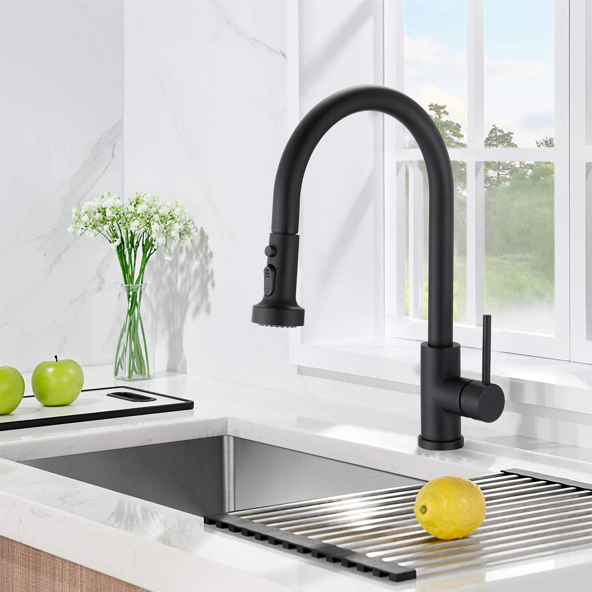 Single Handle Deck Mounted High Arc Pull Down Stainless Steel Kitchen Faucet with Soap Dispenser
