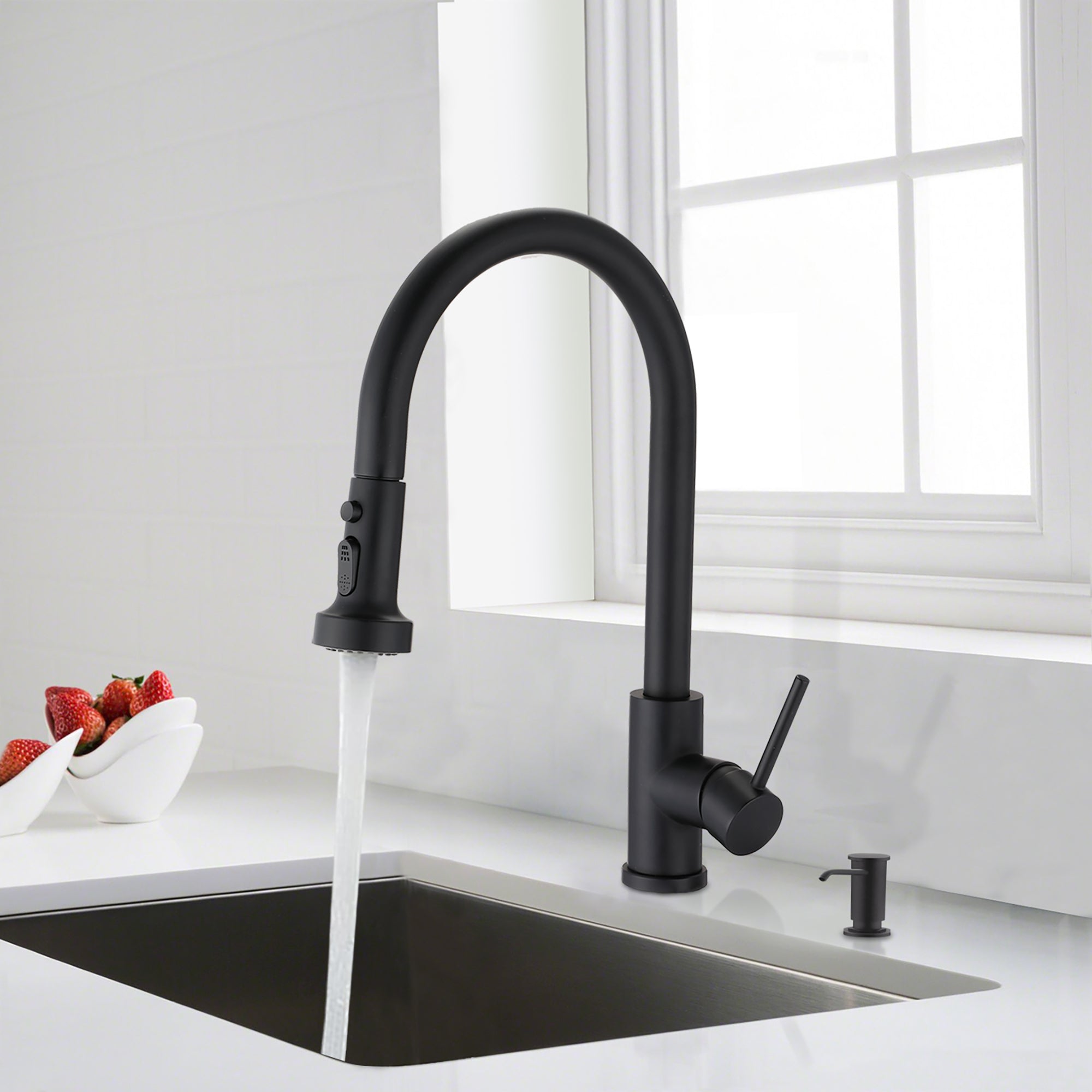 Single Handle Deck Mounted High Arc Pull Down Stainless Steel Kitchen Faucet with Soap Dispenser