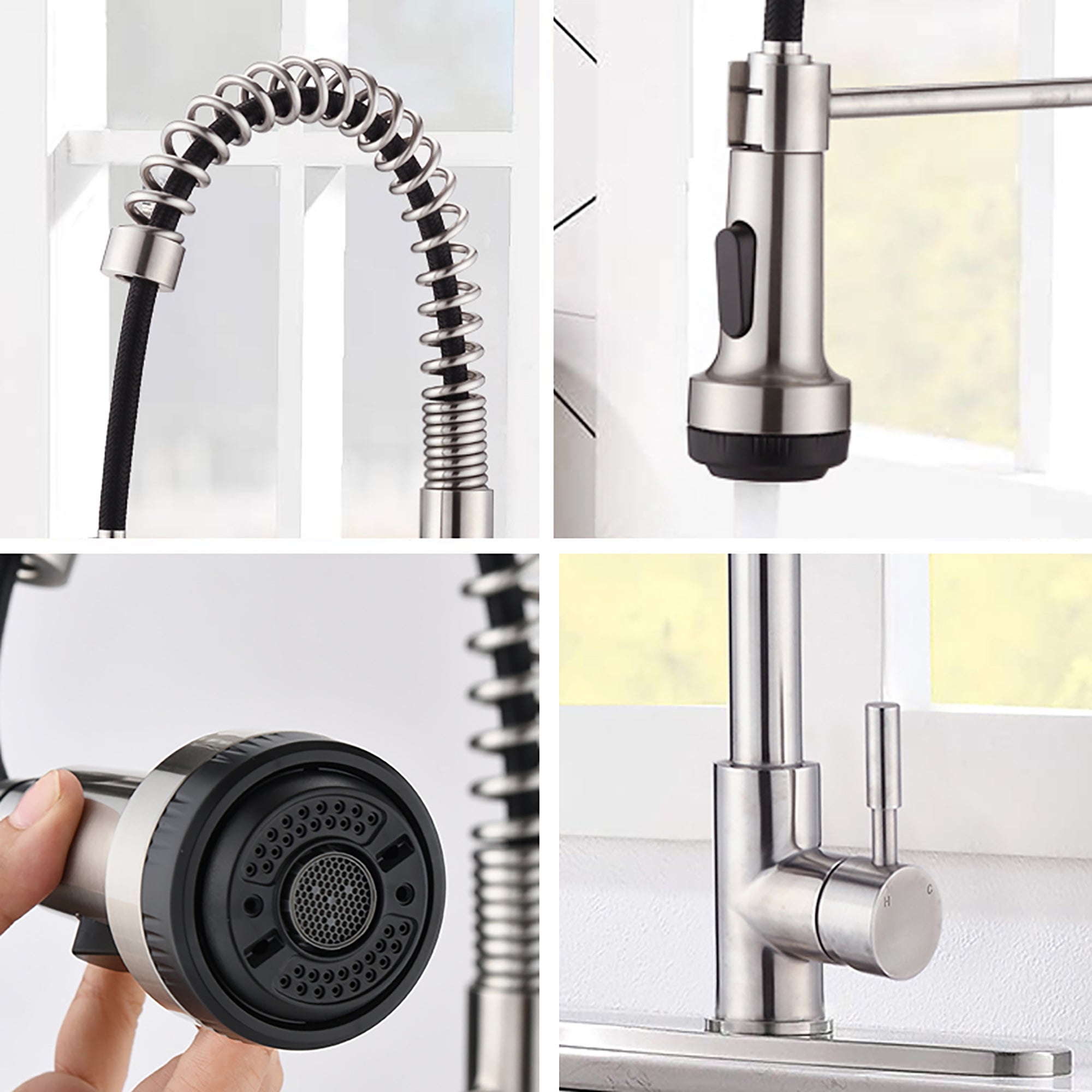 Single Handle Deck Mounted Spring Neck Pull Down Kitchen Faucet with Deckplate