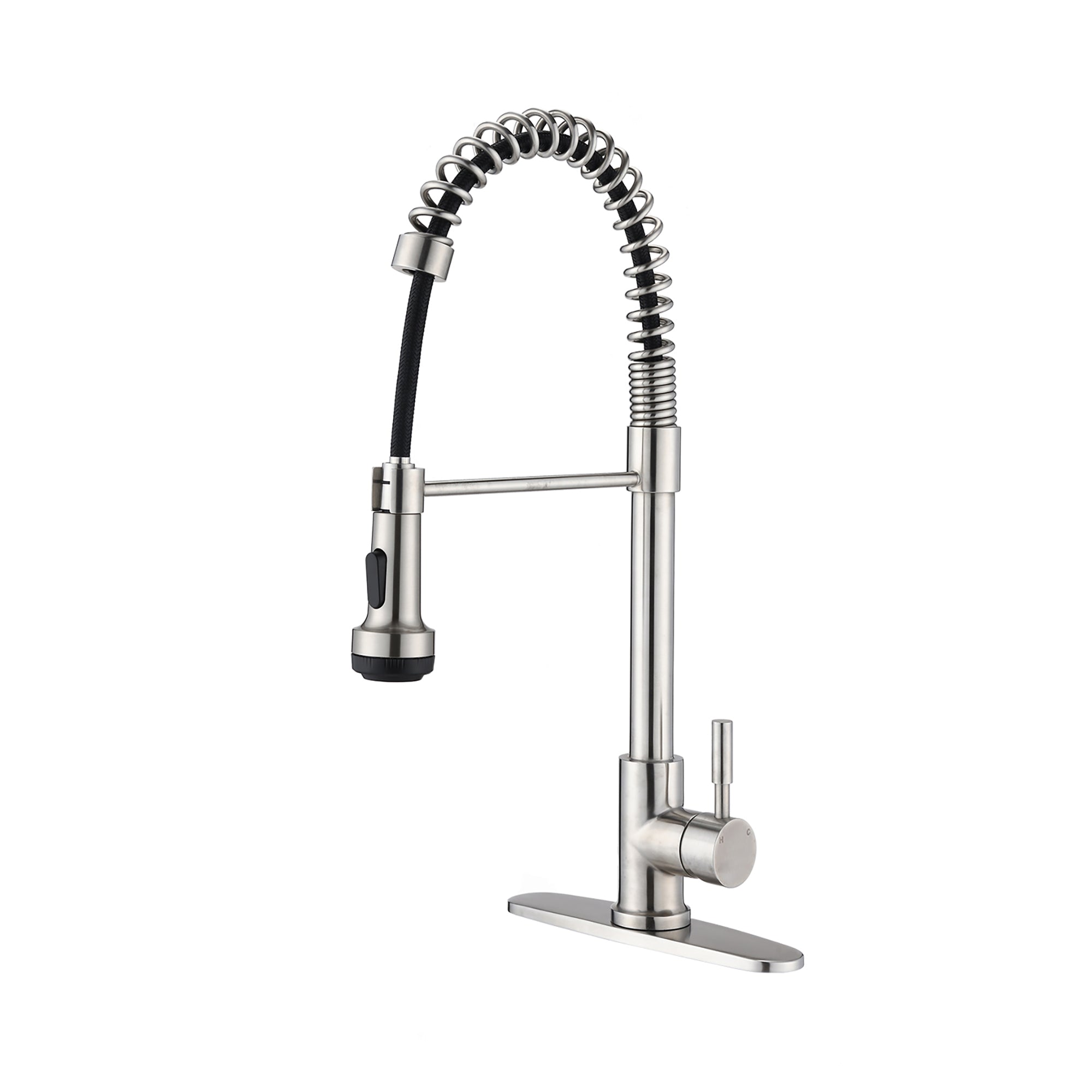 Single Handle Deck Mounted Spring Neck Pull Down Kitchen Faucet with Deckplate