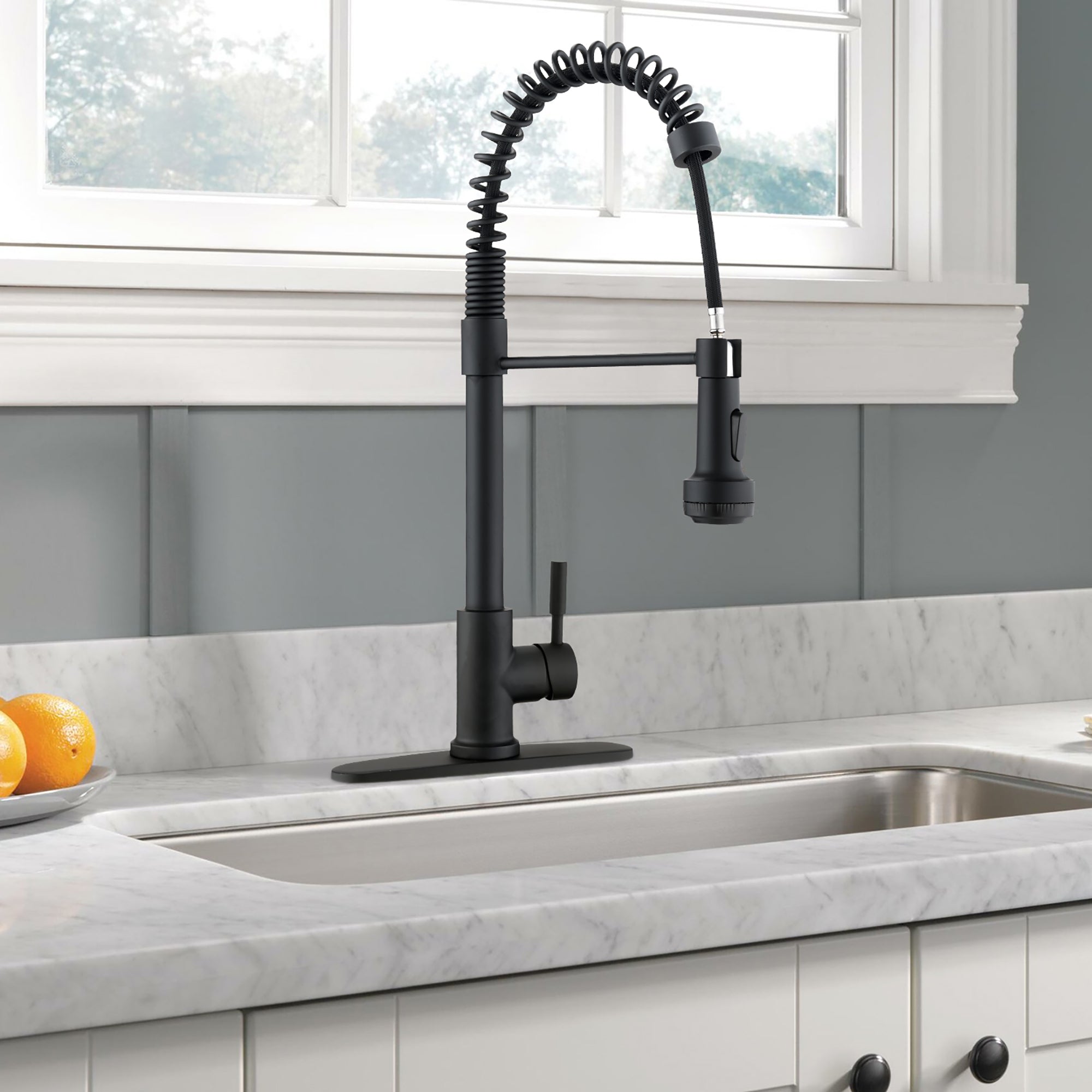 Single Handle Deck Mounted Spring Neck Pull Down Kitchen Faucet with Deckplate