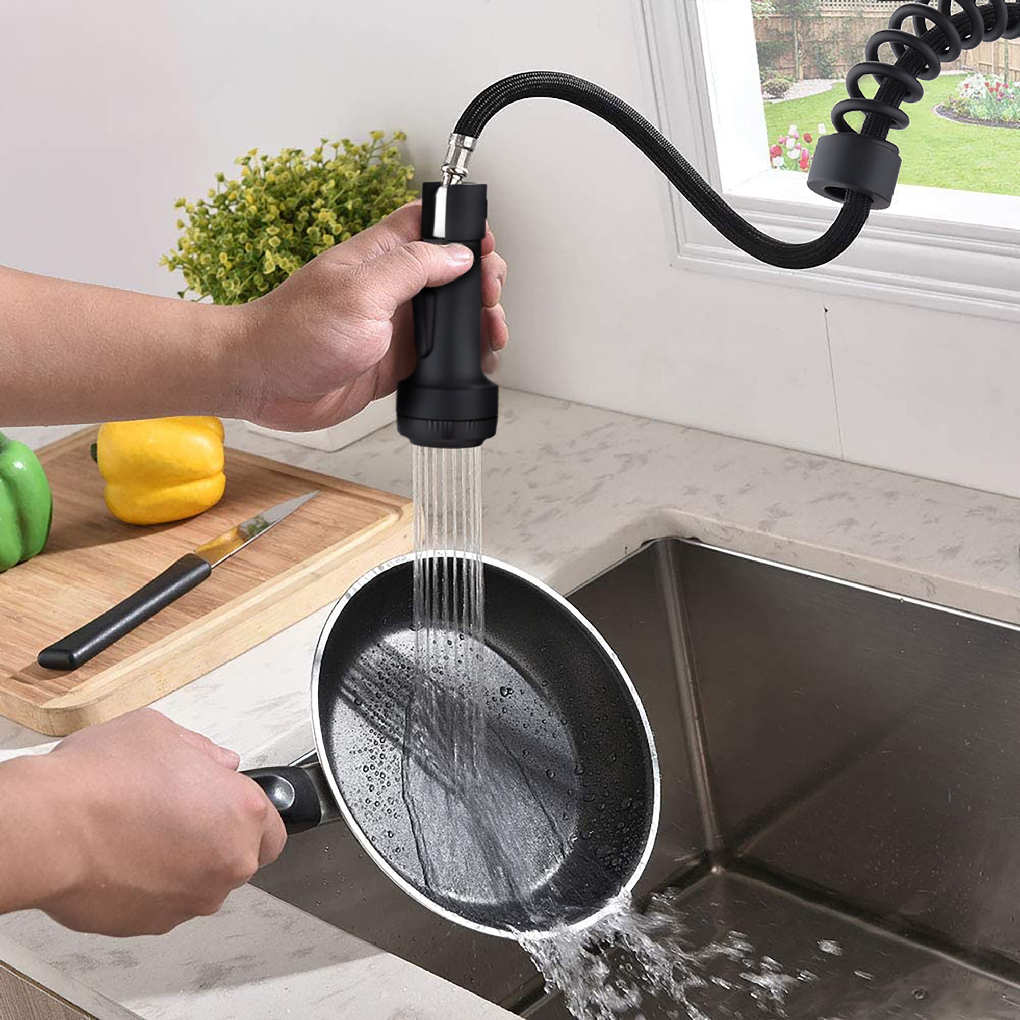 Single Handle Deck Mounted Spring Neck Pull Down Kitchen Faucet with Deckplate