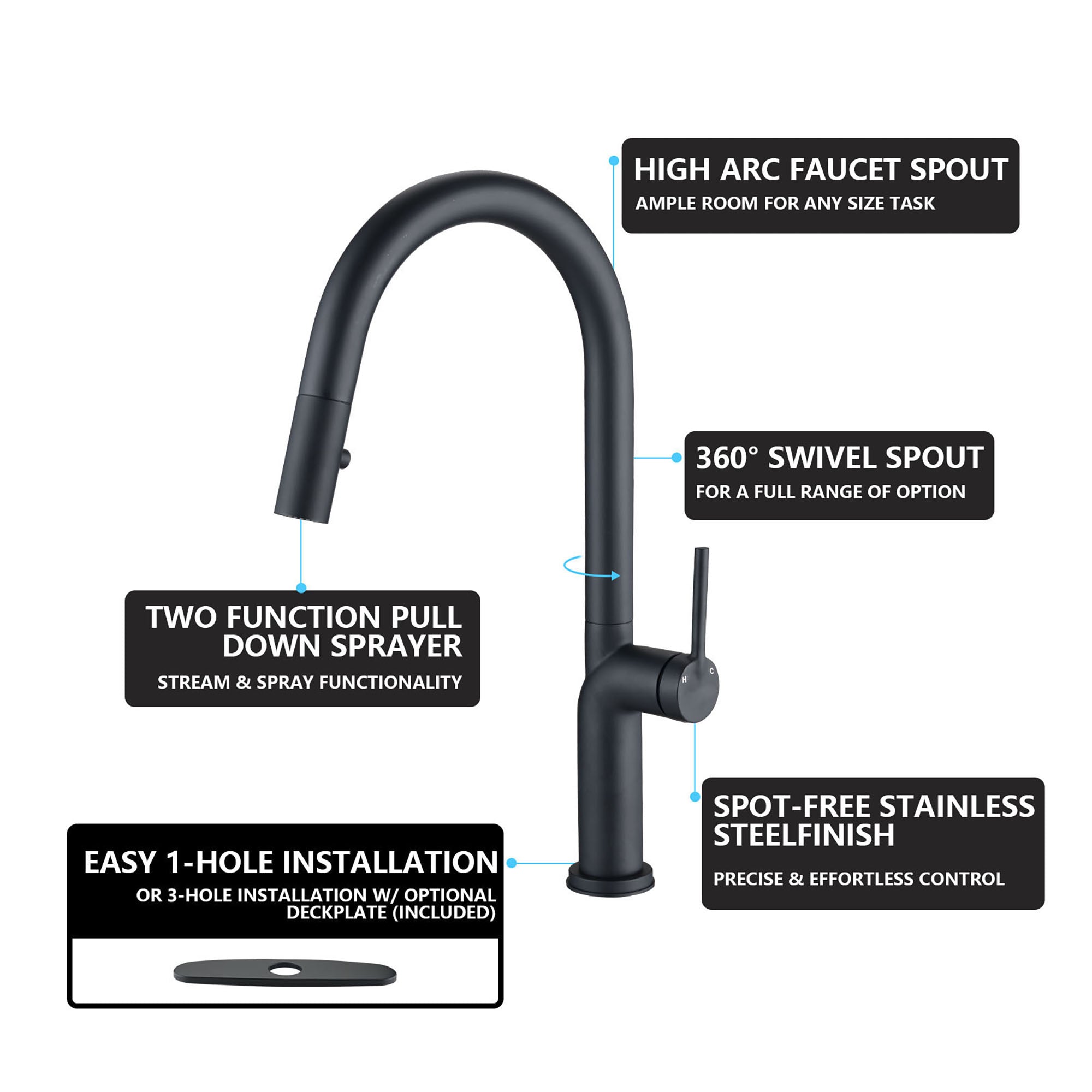 Single Handle Deck Mounted High Arc Pull Down Kitchen Faucet with Deckplate
