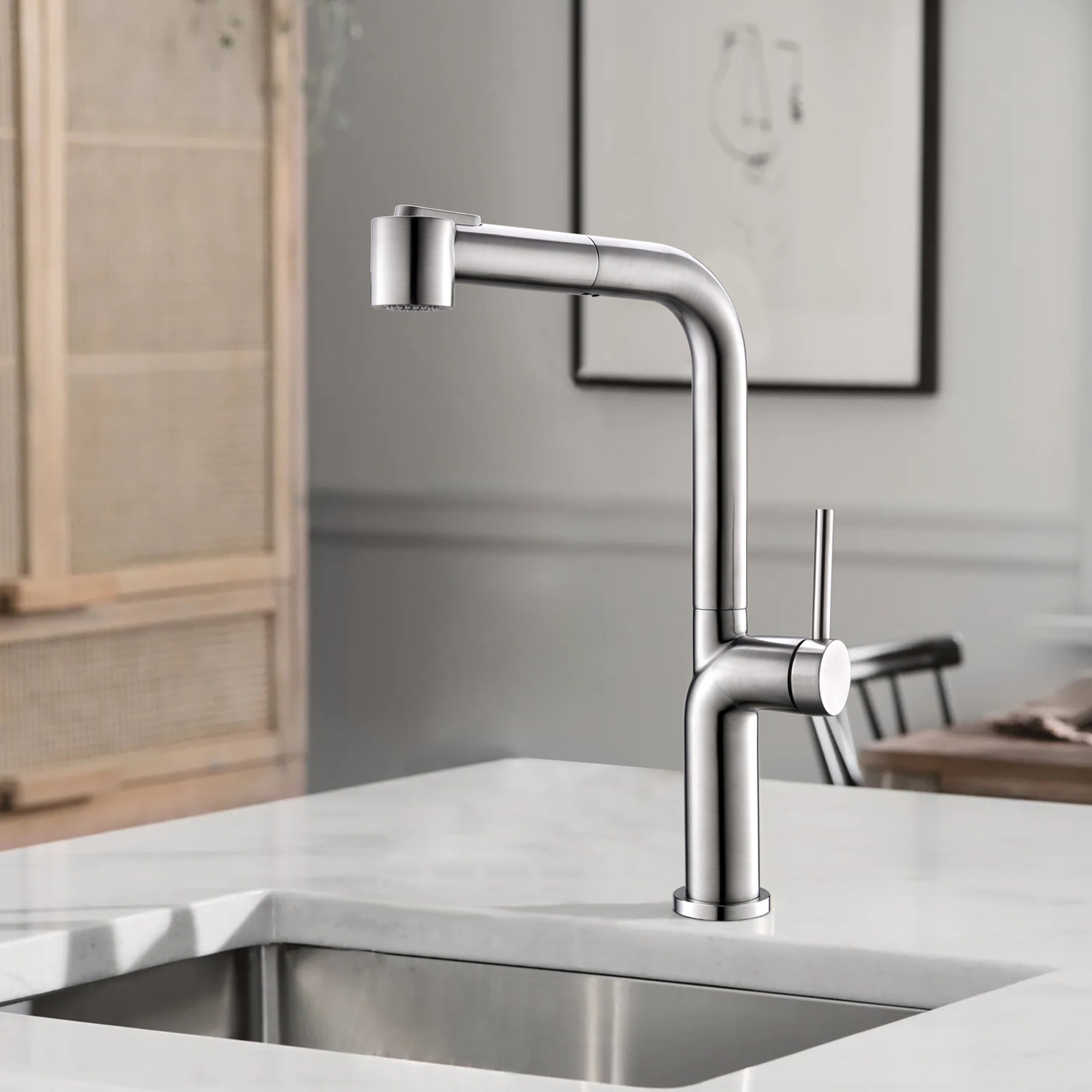 Single Handle Deck Mounted High Arc Pull Out Kitchen Faucet