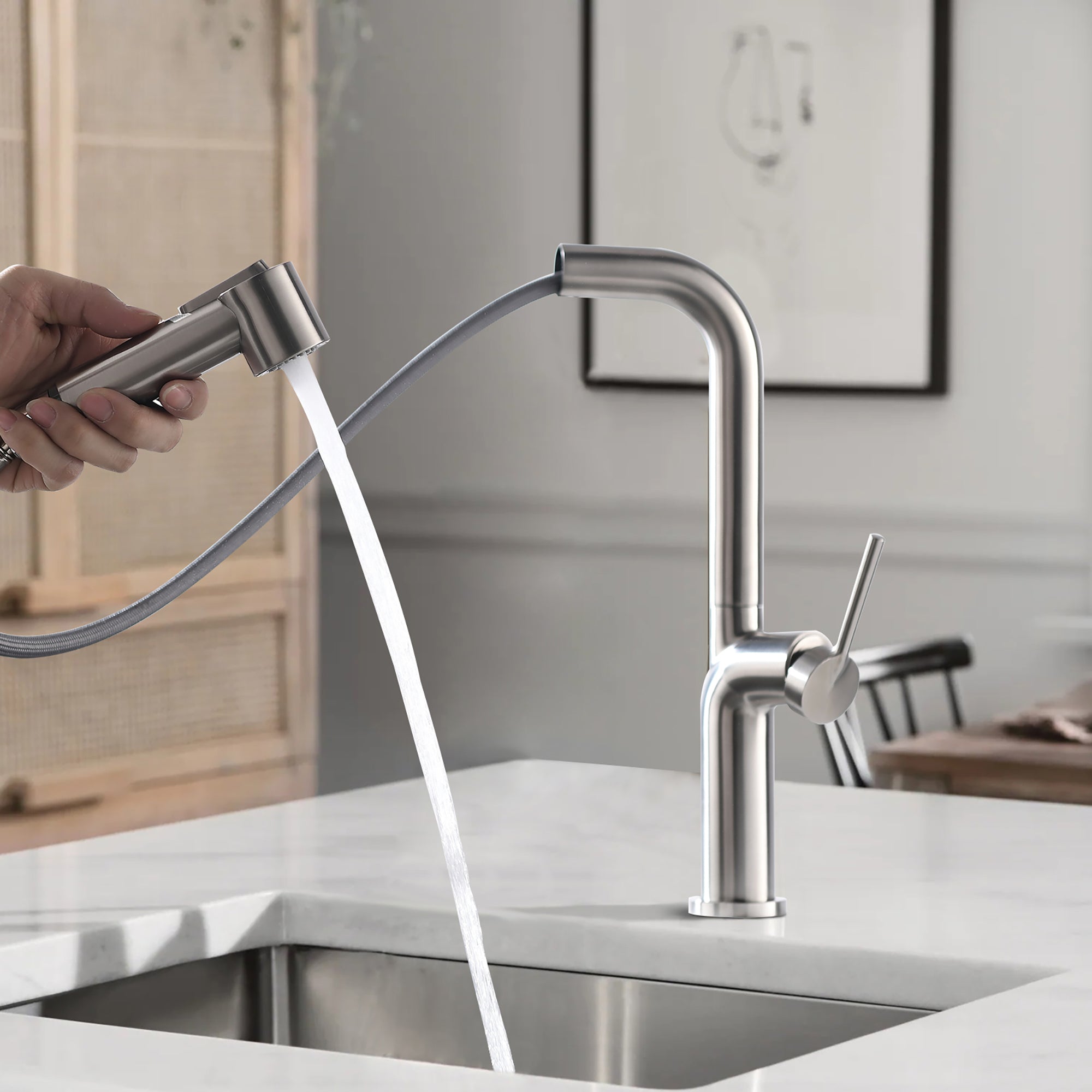 Single Handle Deck Mounted High Arc Pull Out Kitchen Faucet