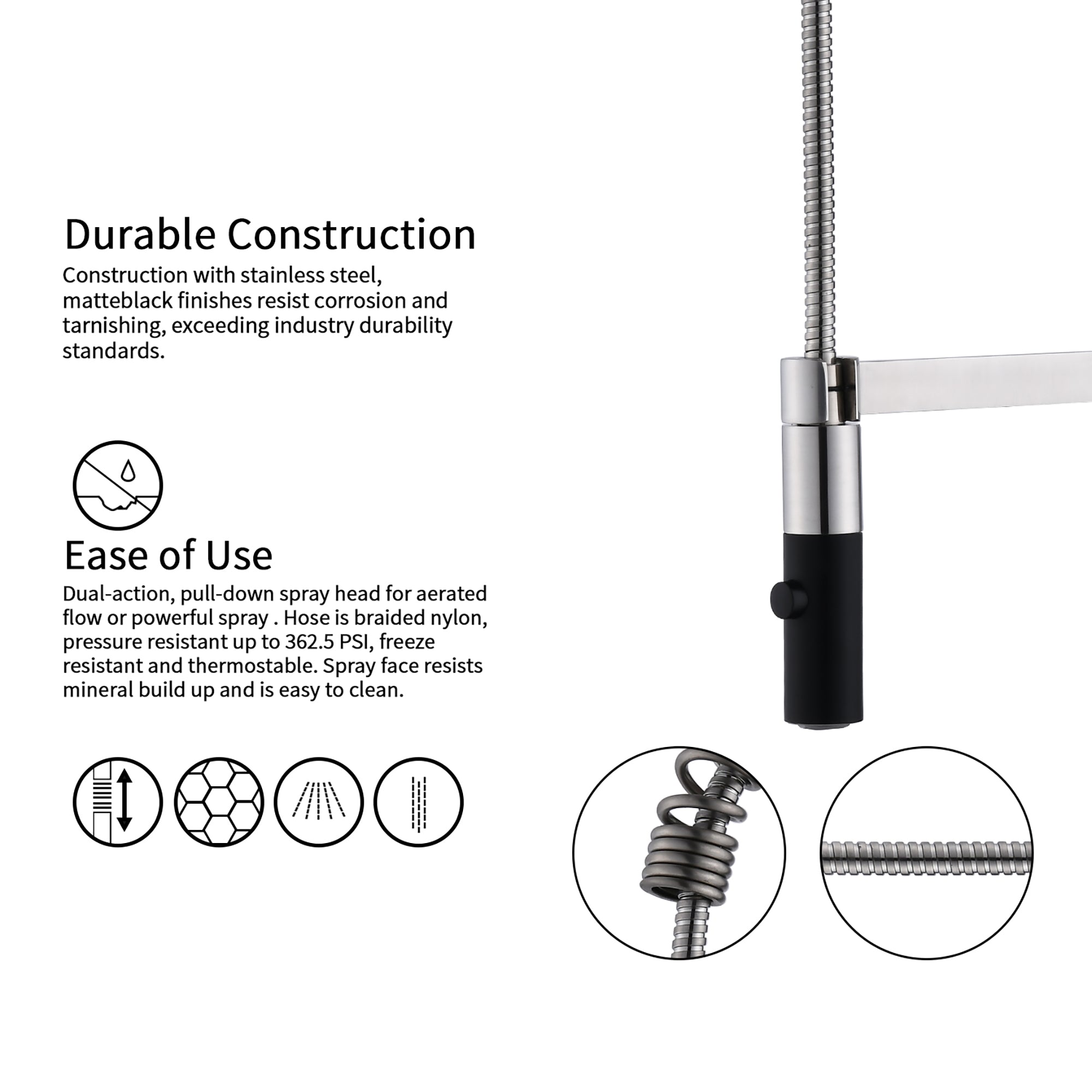 Single Handle Deck Mounted Spring Neck Pull Down Kitchen Faucet with Soap Dispenser